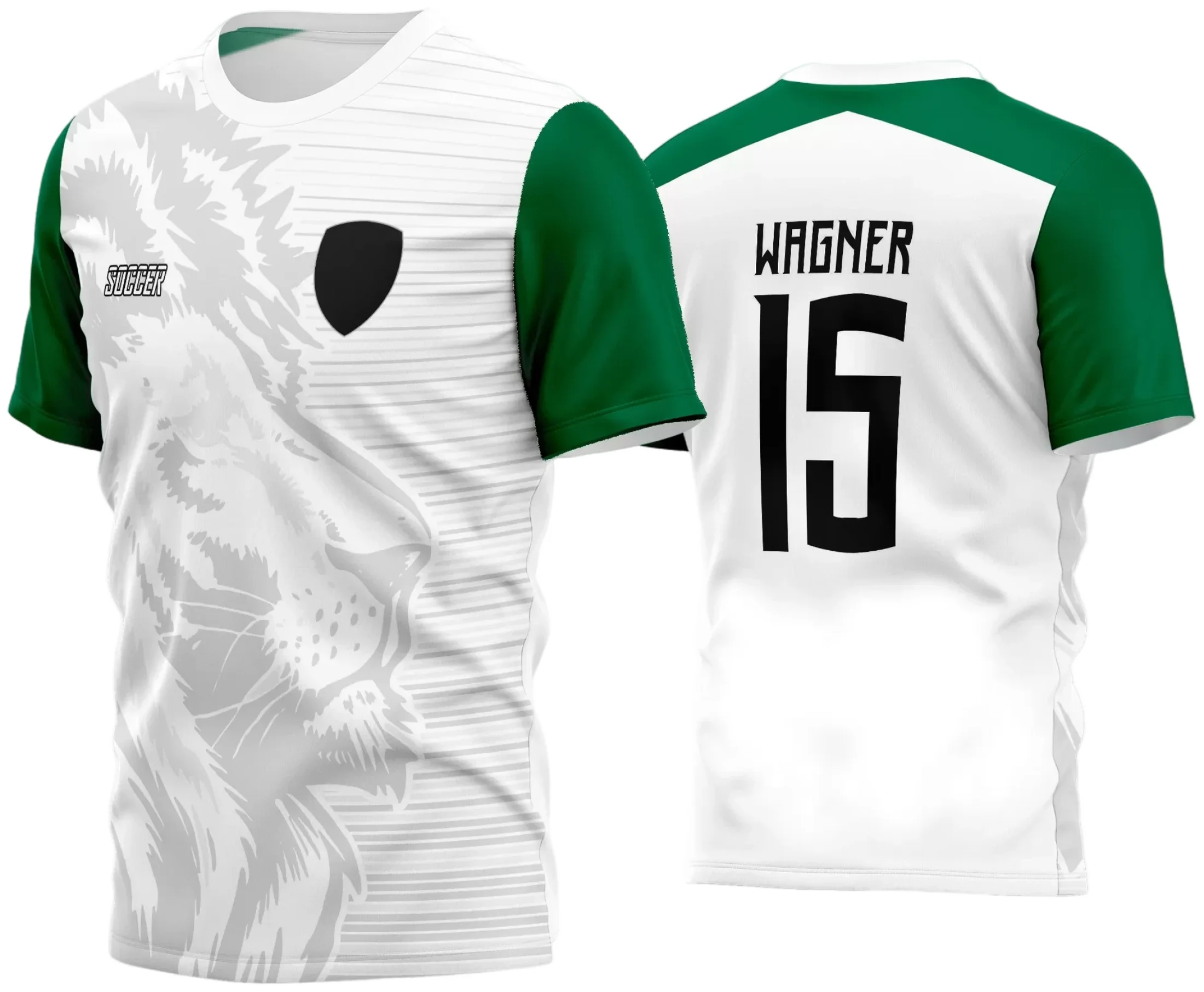 Imagem da camisa final mostrando o logo no peito bem visível e uma estampa grande nas costas que destaca o time amador com cores vibrantes e estilo moderno.