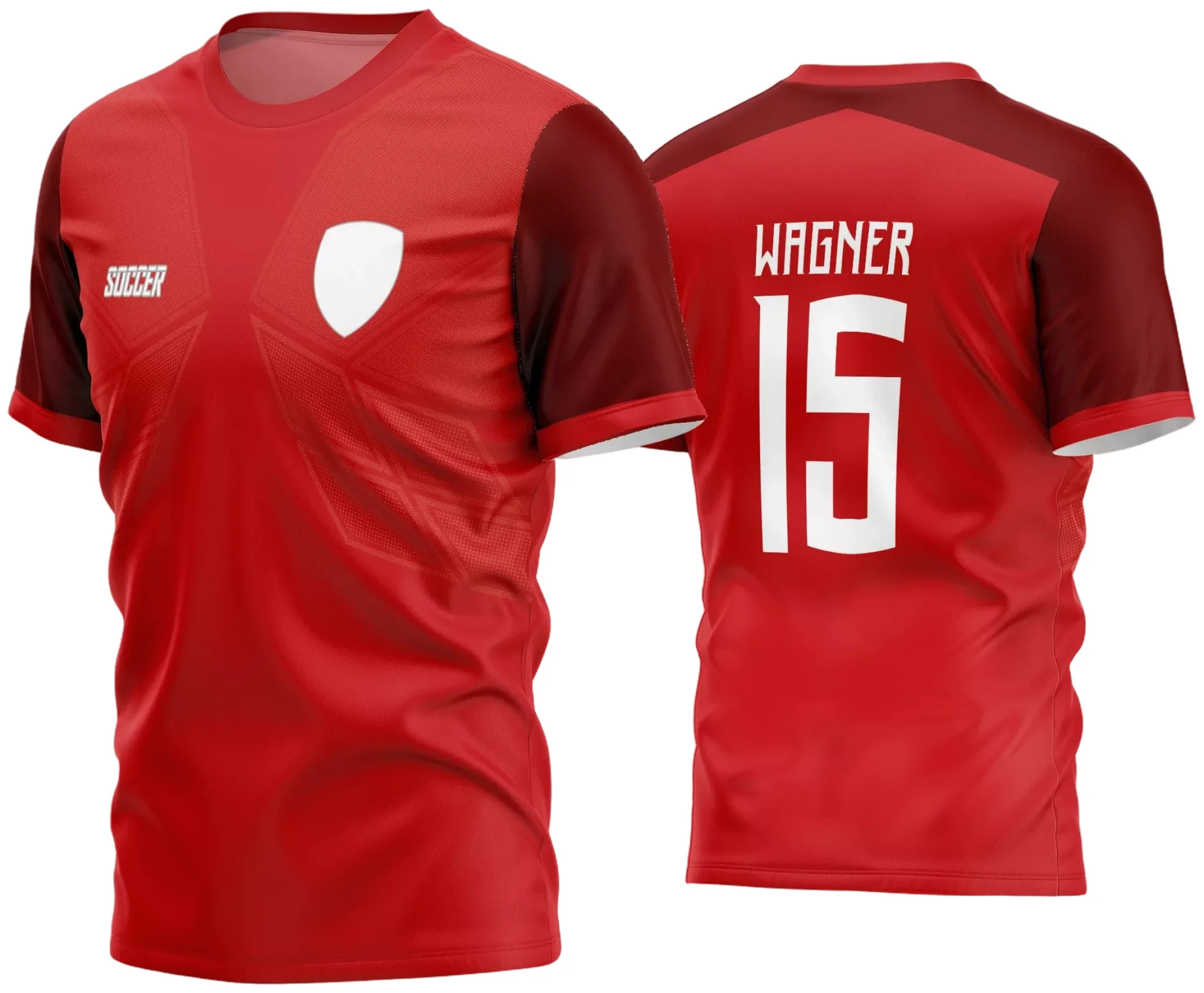 Camisa de futebol amador com logo no peito e estampa grande nas costas exibindo design moderno e vibrante, perfeita para equipes que querem destacar sua identidade em campo e fora dele.