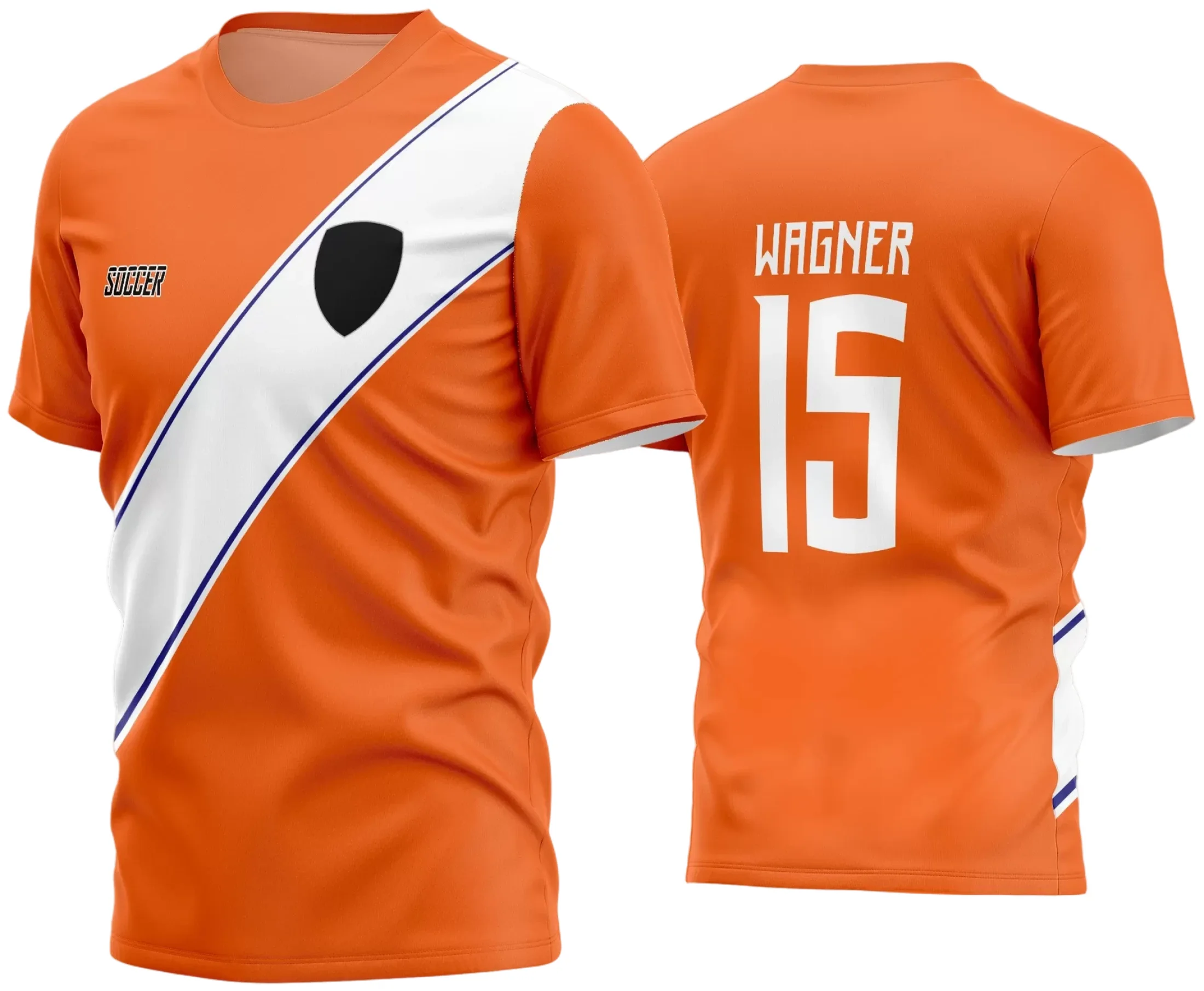 Camisa de futebol amador com logo no peito e estampa grande nas costas, apresentando design moderno, cores vibrantes e detalhes que destacam o time com estilo e personalidade em campo.