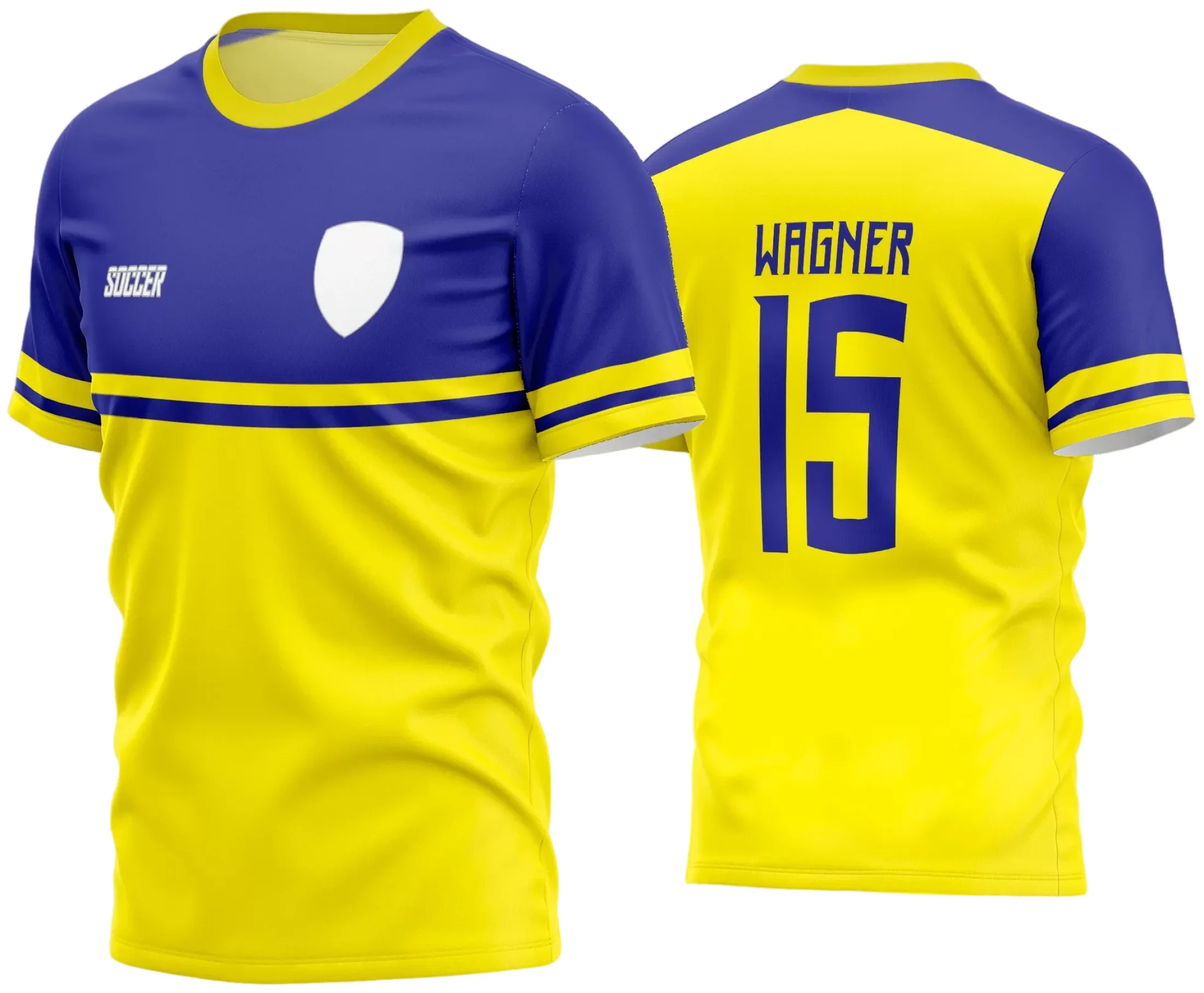 Camisa de time amador de futebol com logo no peito e estampa grande nas costas, exibindo design moderno e cores vibrantes que valorizam o espírito esportivo da equipe.