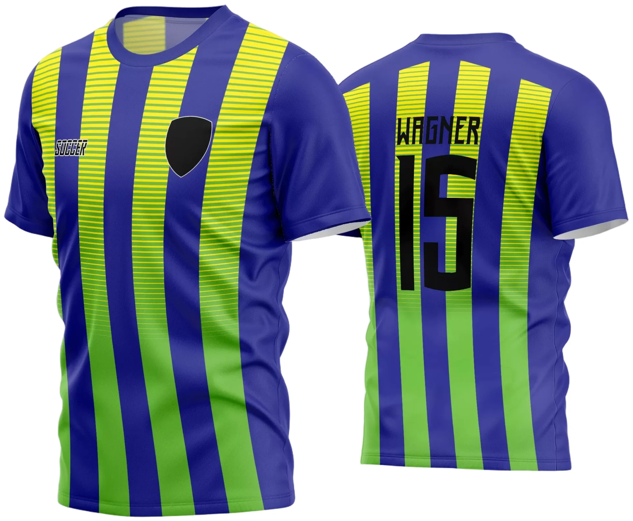 Camisa de futebol amador com logo no peito e estampa grande nas costas em destaque, ideal para times que buscam estilo e identificação visual marcante na quadra ou campo