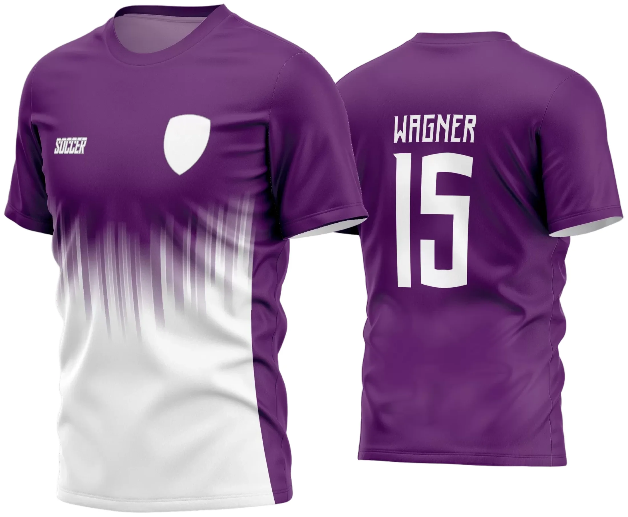 Camisa de futebol com logo no peito e estampa grande nas costas, perfeita para equipes amadoras em destaque nos jogos de 2024, com estilo moderno e cores vibrantes que combinam com qualquer time.