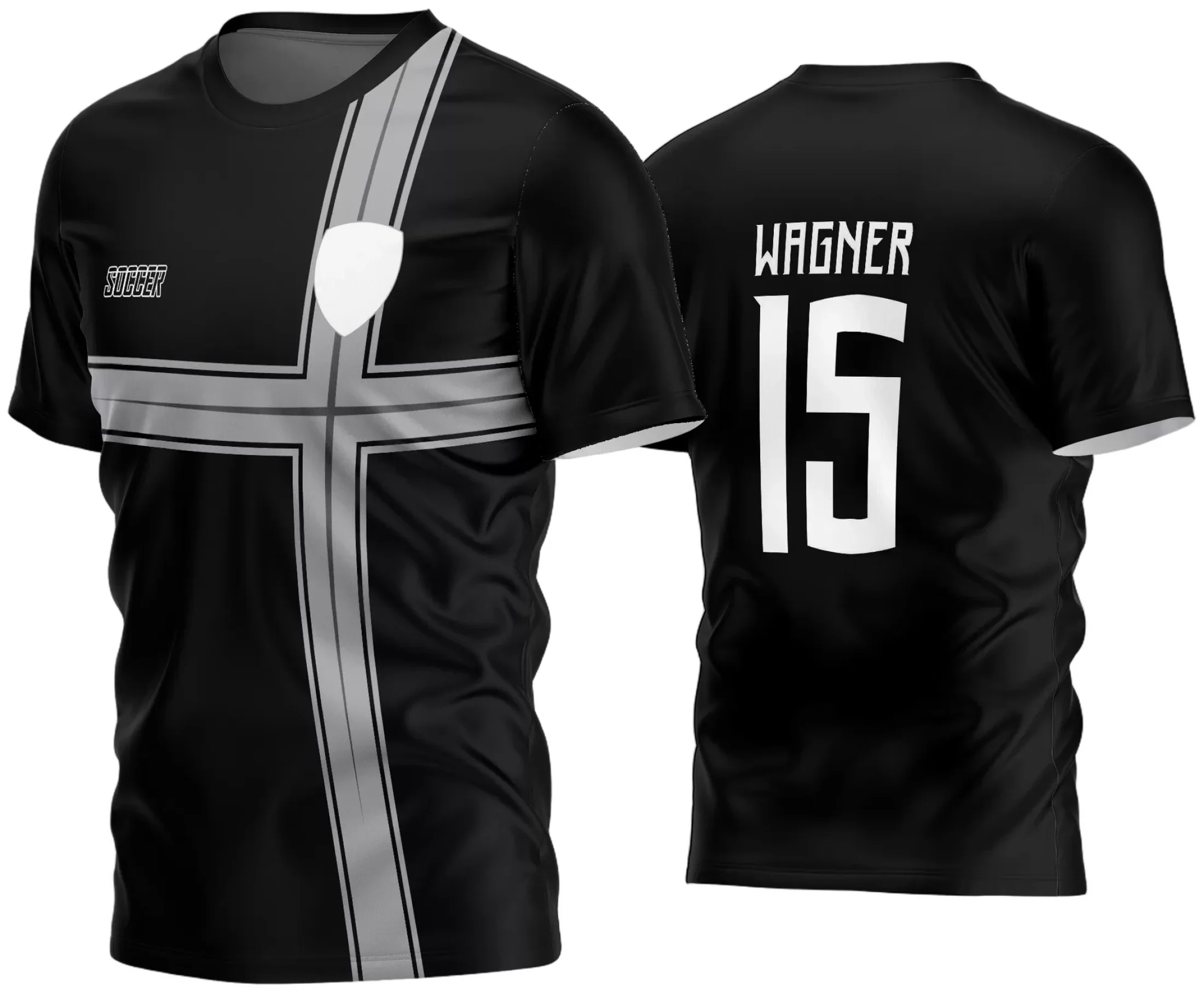 Camisa de futebol amador com logo no peito em destaque e estampa grande nas costas que transmite energia e união para o time, apresentando design moderno e vibrante.