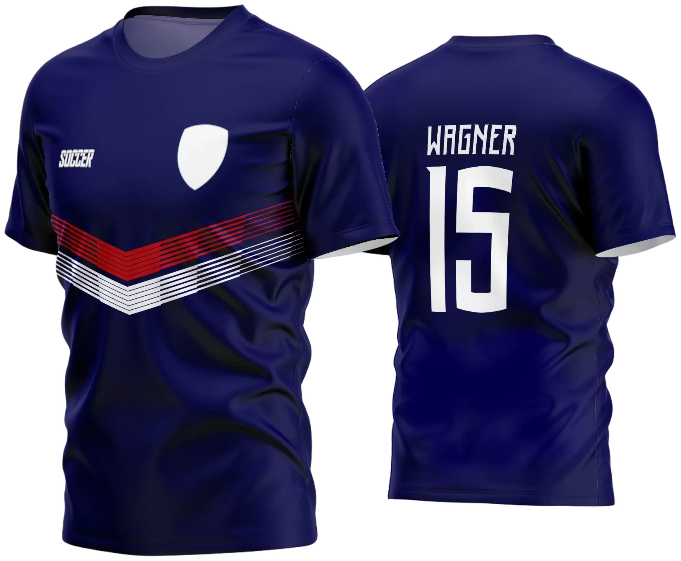 Camisa de futebol amador com logo no peito e estampa grande nas costas, exibindo design vibrante e moderno em cores contrastantes, perfeita para times que buscam destaque e identidade visual única.