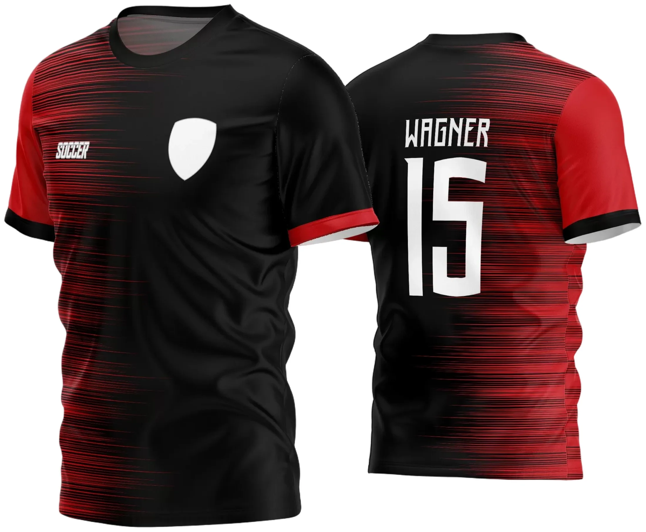 Foto de camisa para time amador de futebol com logo no peito e estampa grande nas costas, design moderno e vibrante ideal para equipes que buscam identidade visual marcante.