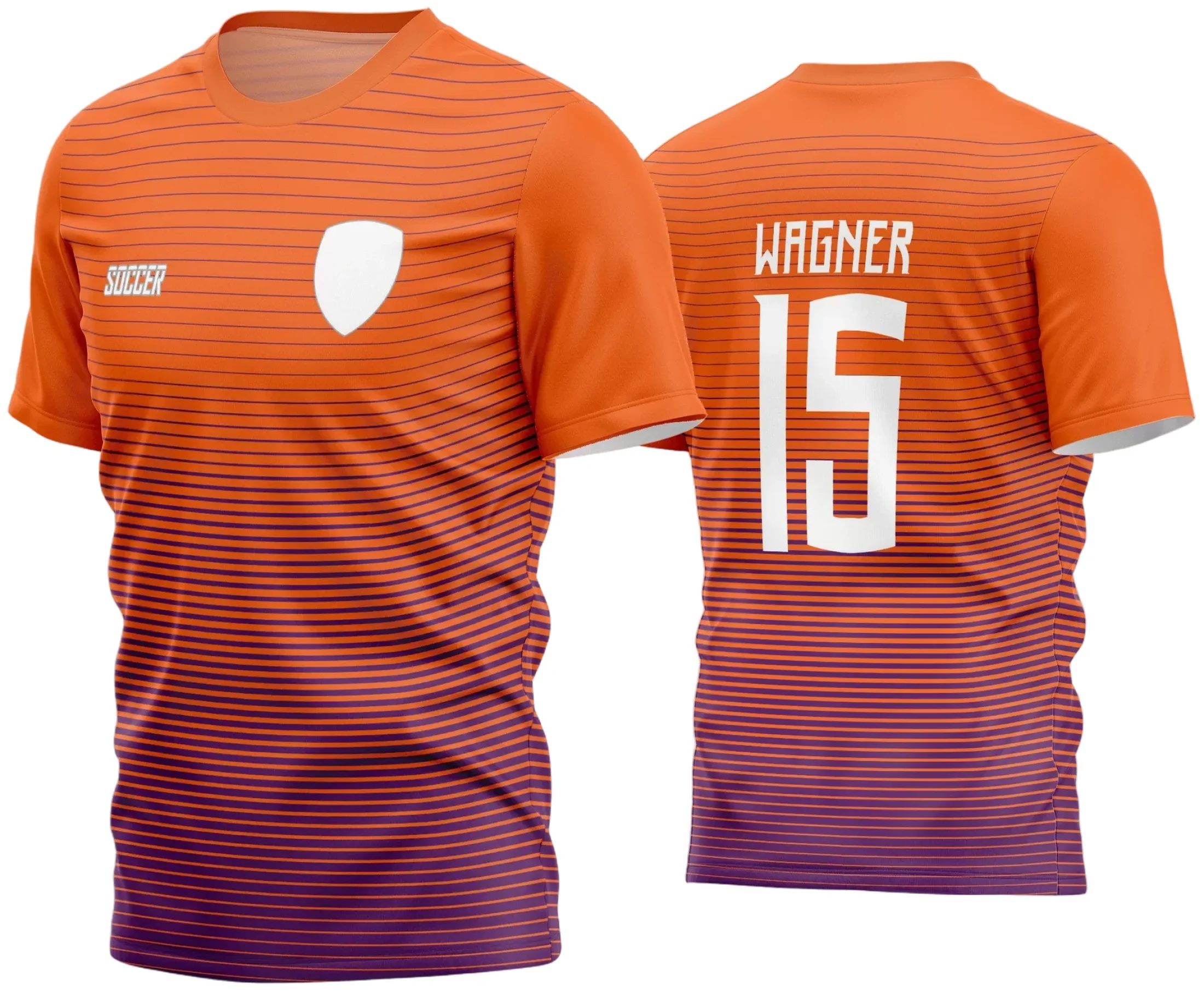 Camisa de futebol amador com logo no peito e estampa grande nas costas, em design moderno com cores vibrantes e detalhes que destacam a paixão pelo esporte no time.