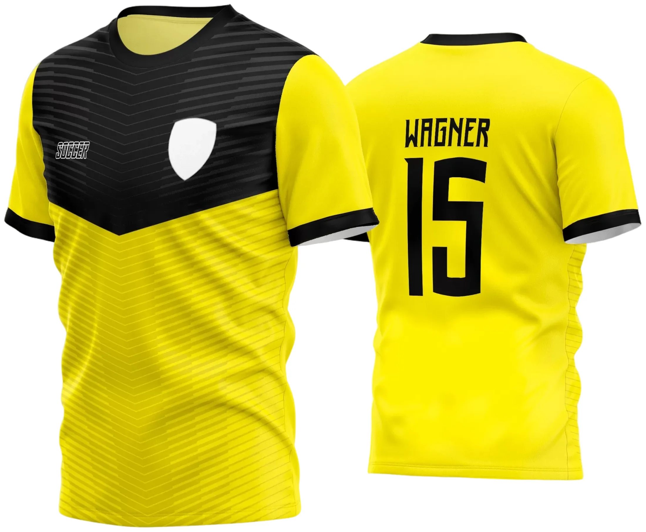 Foto da camisa de futebol amador com logo no peito e estampa grande nas costas, design moderno e dinâmico inspirando espírito de equipe e paixão pelo esporte.