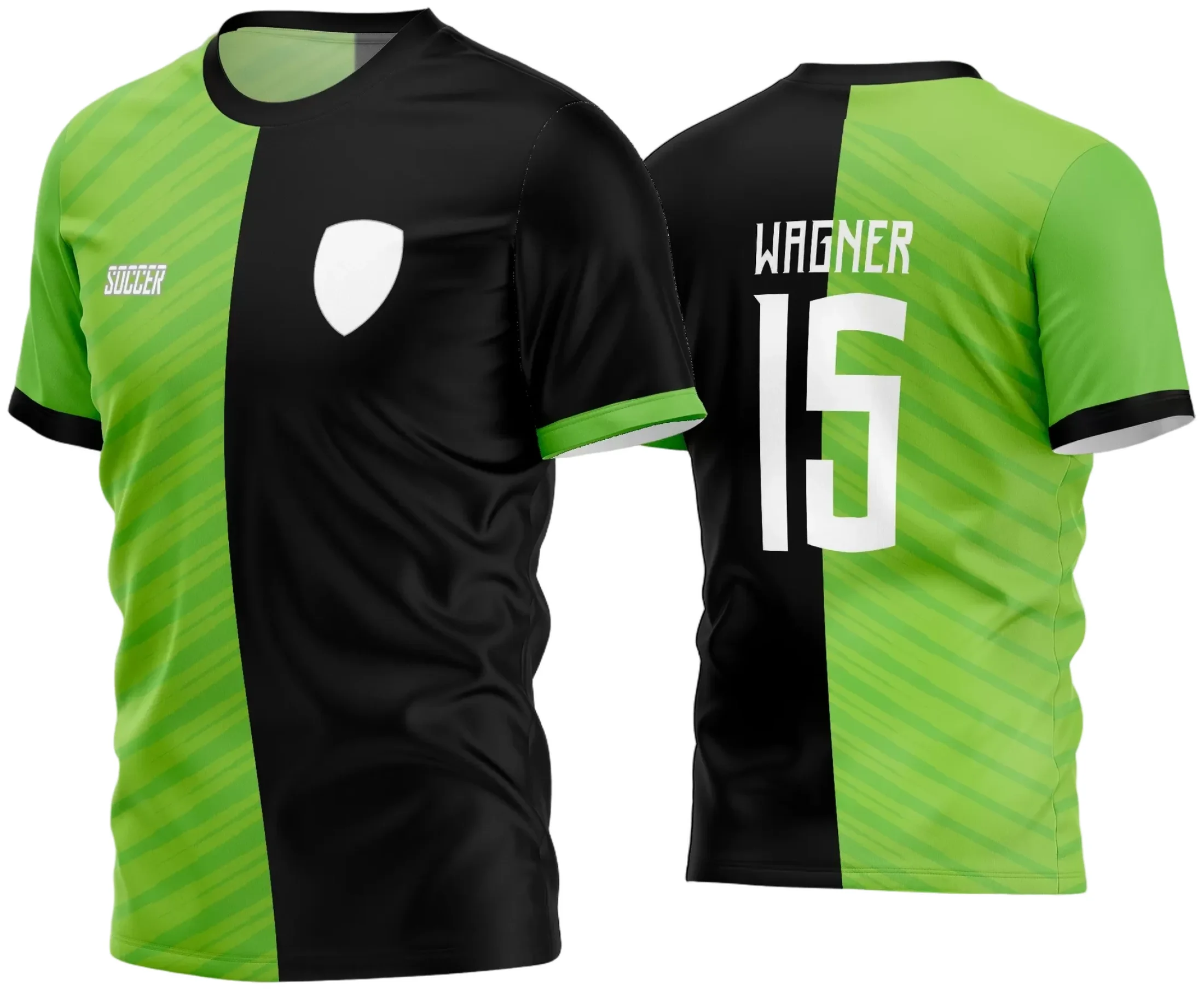 Camisa de futebol amador com logo no peito e estampa grande nas costas, exibindo design moderno e cores vibrantes, perfeita para times que buscam identidade e estilo marcante em campo.