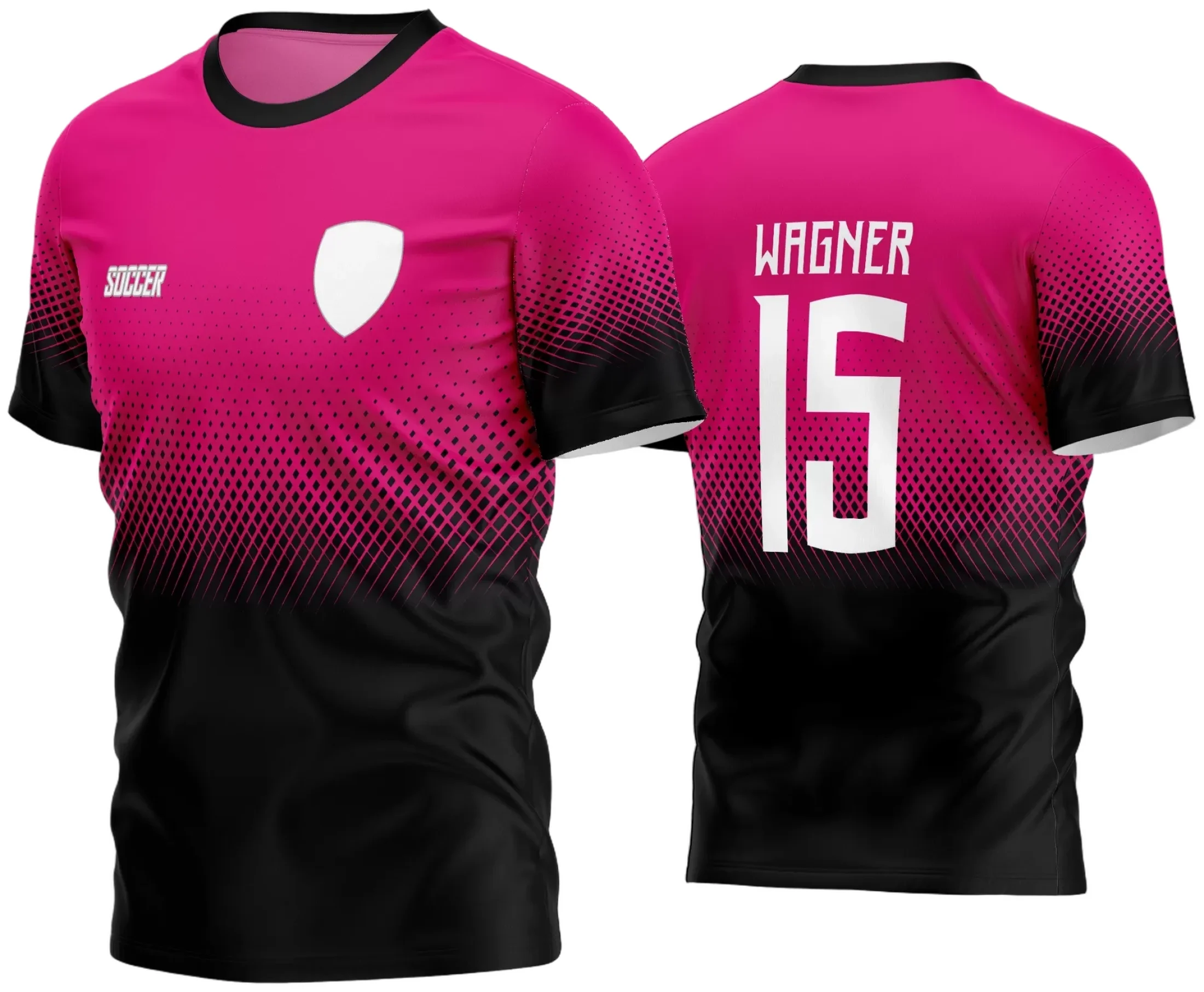 Camisa de futebol amador 2024 com logo no peito e estampa grande nas costas exibindo design moderno e vibrante, perfeita para times que buscam identidade única em campo.