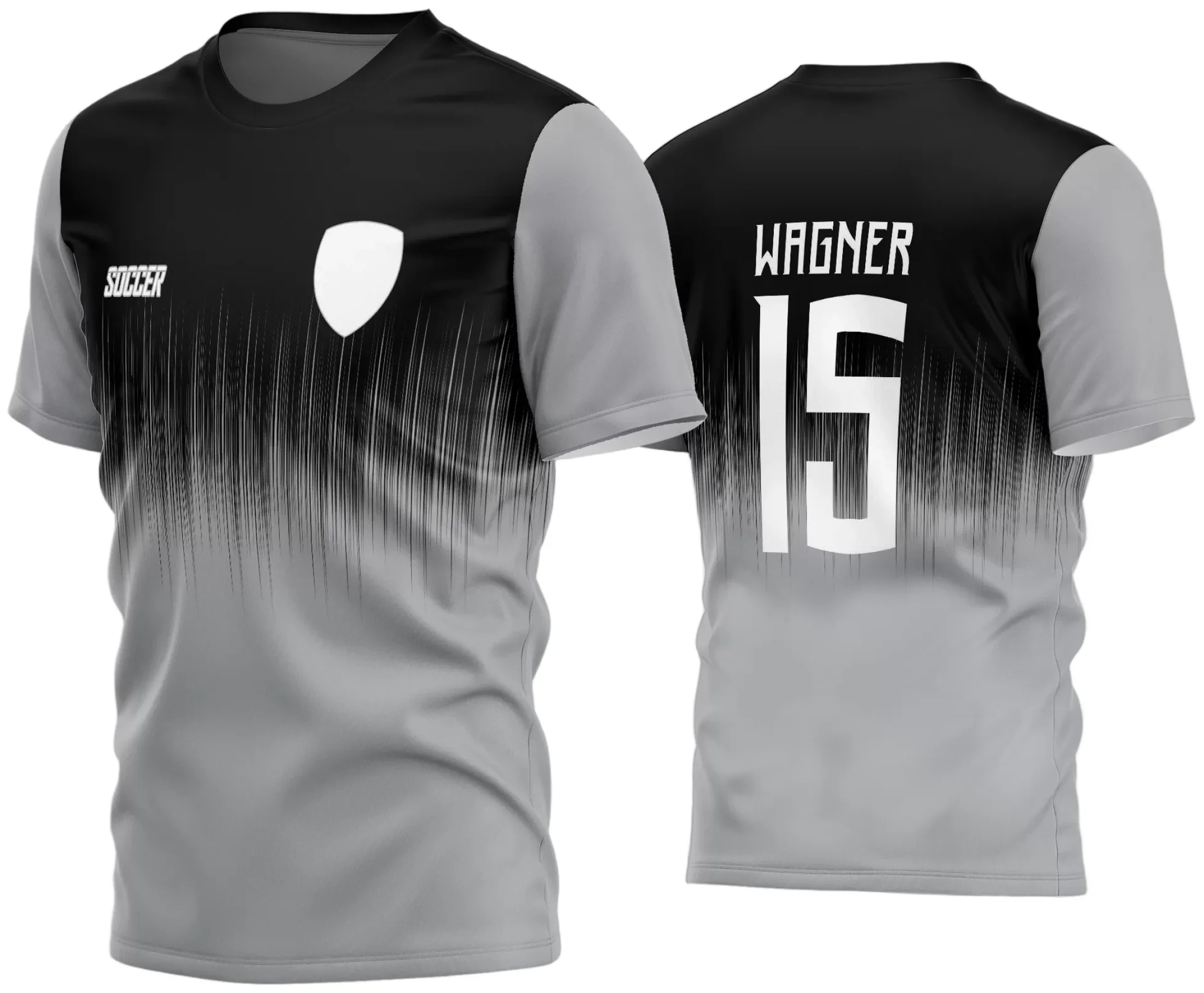 Camisa de futebol amador com logo no peito e estampa grande nas costas, ideal para times que buscam identidade visual marcante e uniforme personalizado para jogos e eventos esportivos.