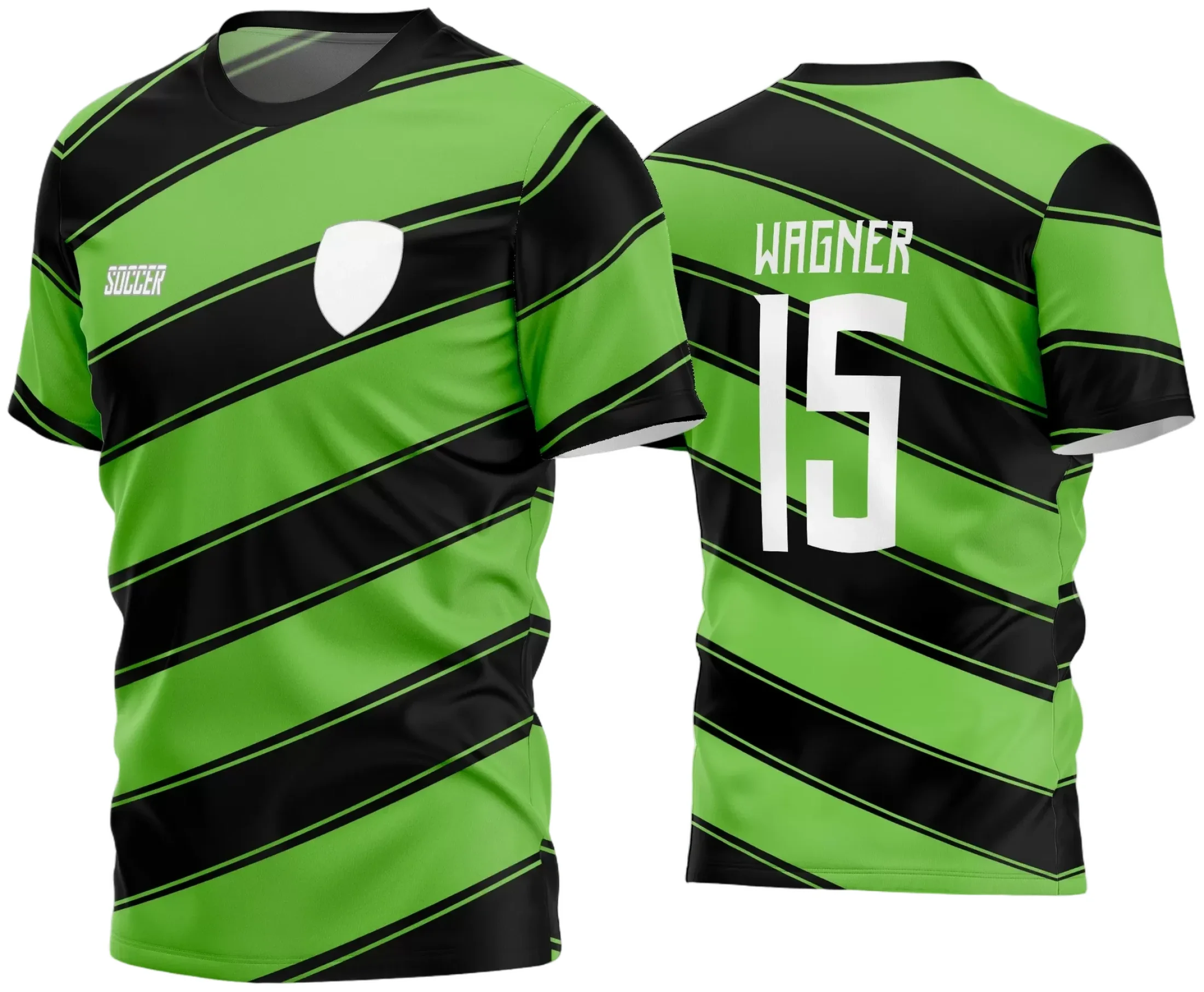 Camisa de futebol amador com logo no peito e estampa grande nas costas em estilo moderno, destacando um design elegante e vibrante para partidas e treinos.