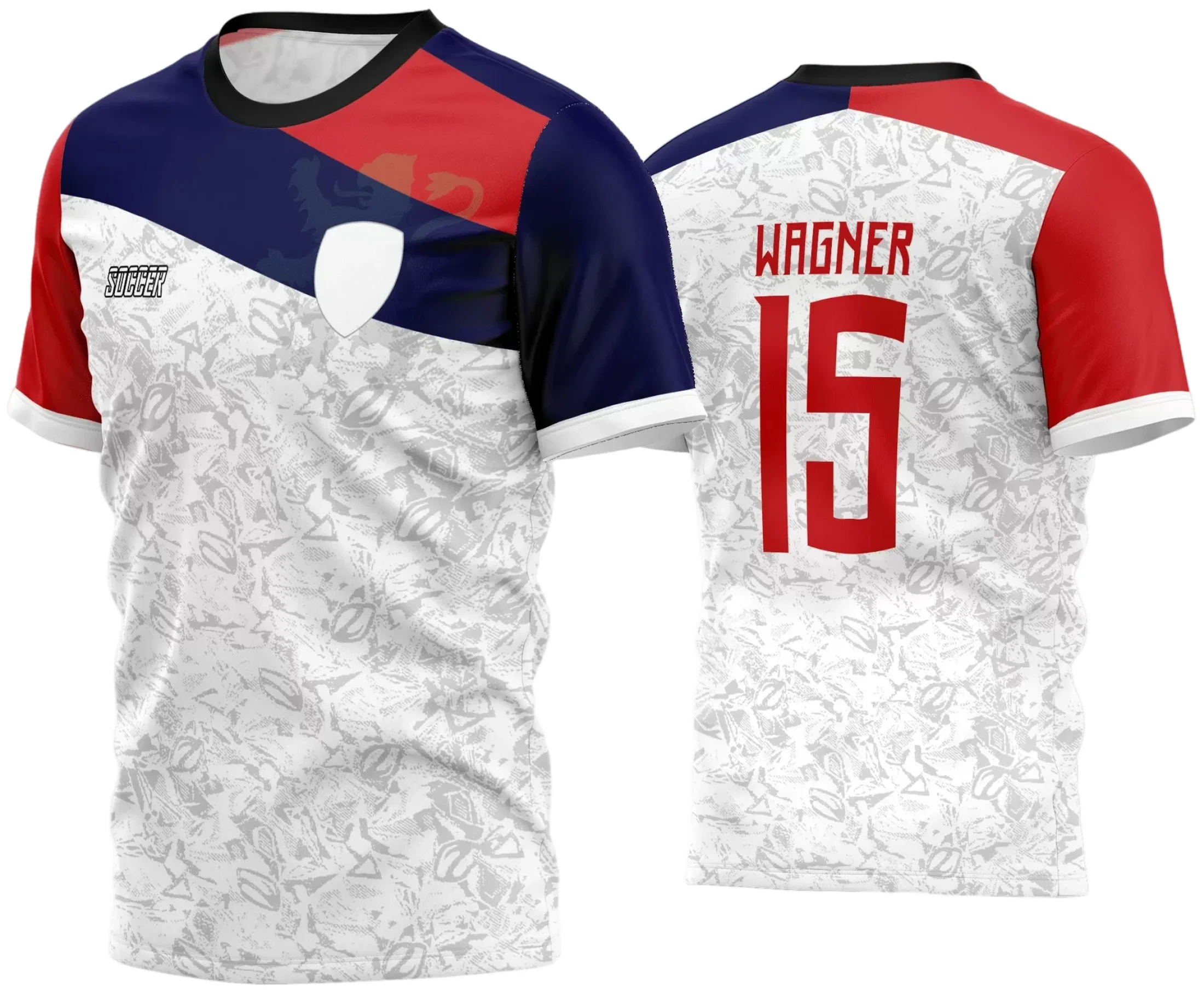 Camisa com logo no peito e estampa grande nas costas, design moderno e vibrante ideal para times de futebol amador na temporada 2024, destacando força e união em campo.