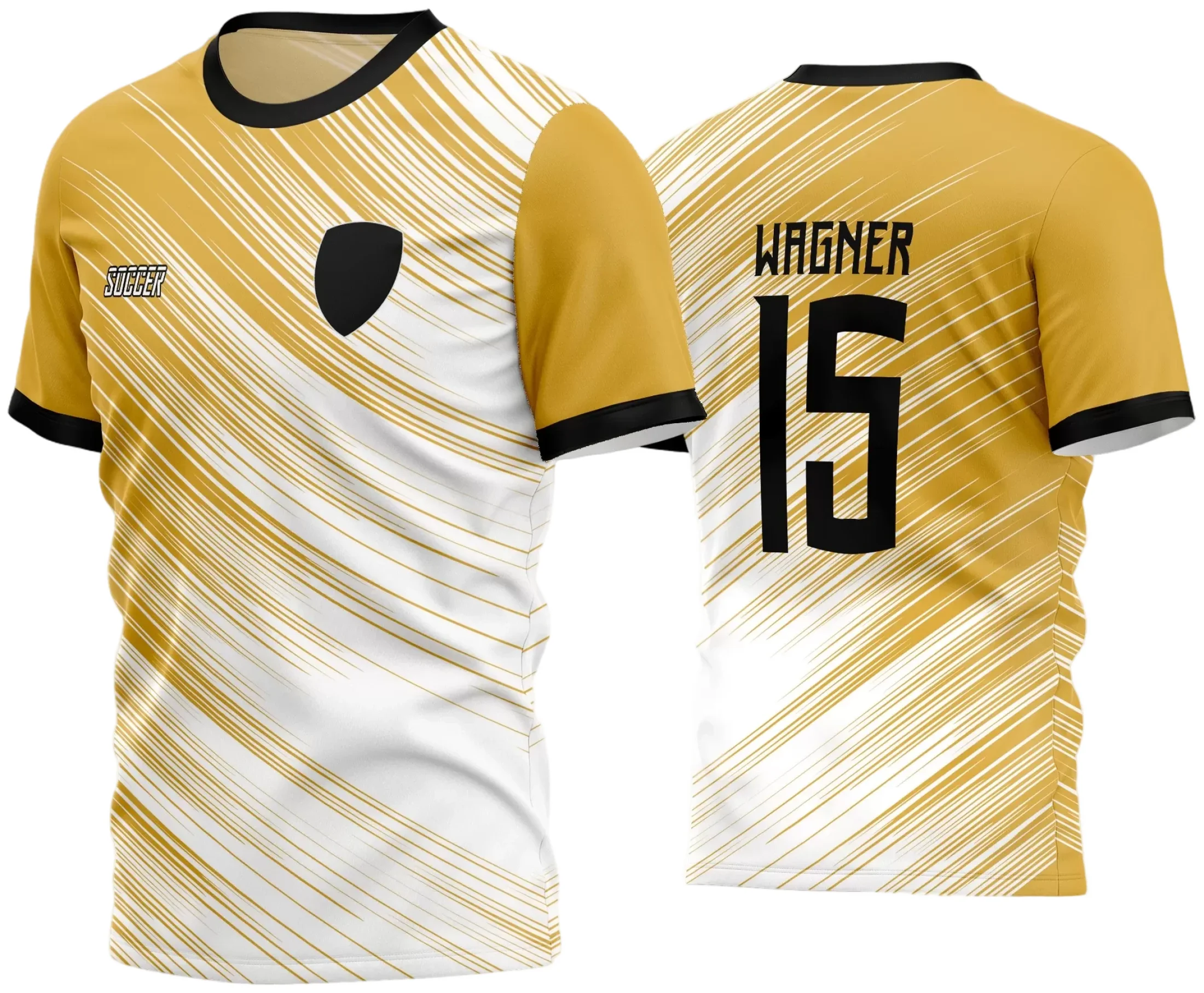 Camisa de time amador com logo no peito e estampa grande nas costas, em cores vibrantes, ideal para equipes de futebol recreativo e eventos esportivos