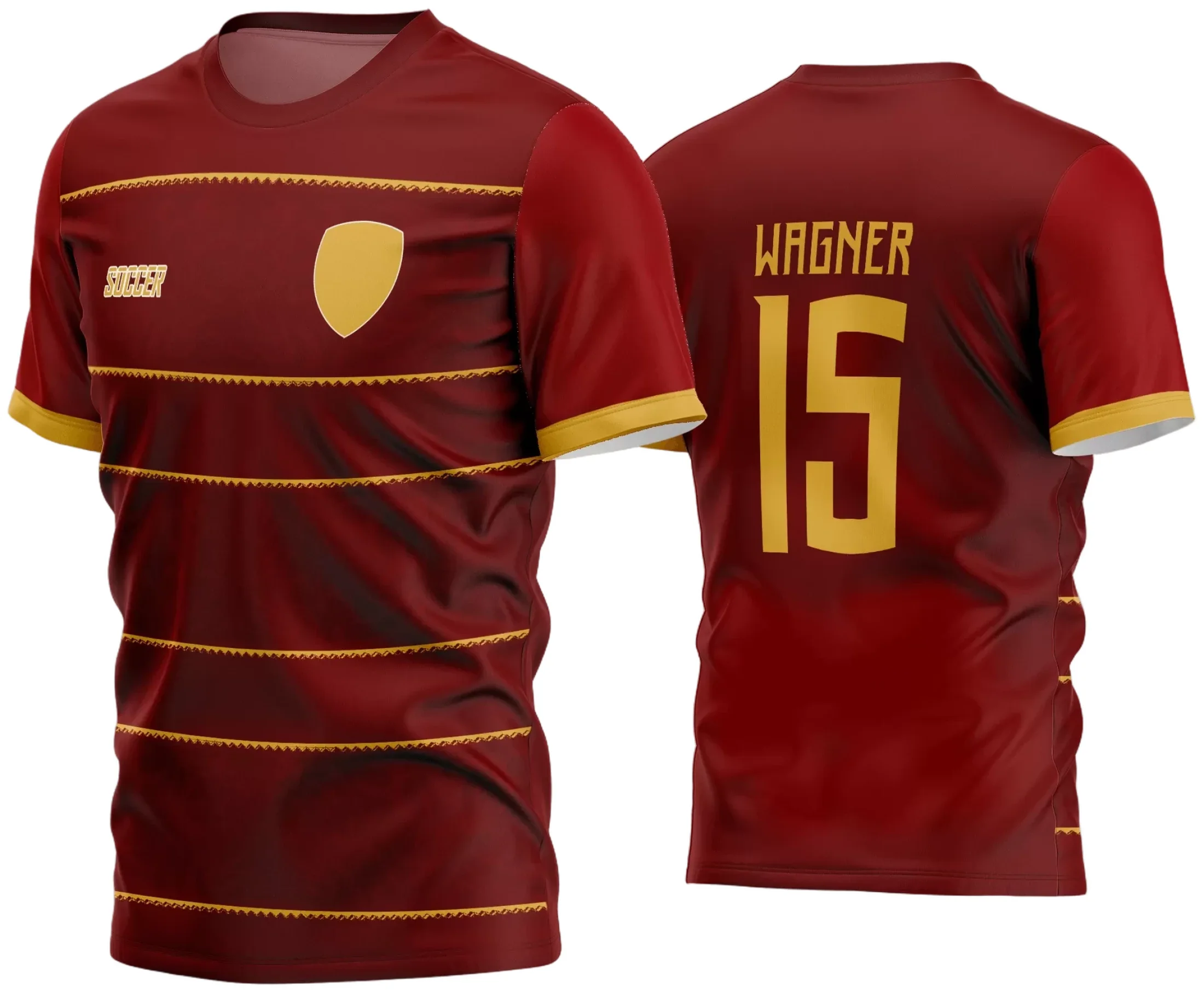 Camisa de futebol amador com logo no peito e estampa grande nas costas, em design moderno e cores vibrantes que destacam o time em campo, perfeita para jogos e eventos esportivos.