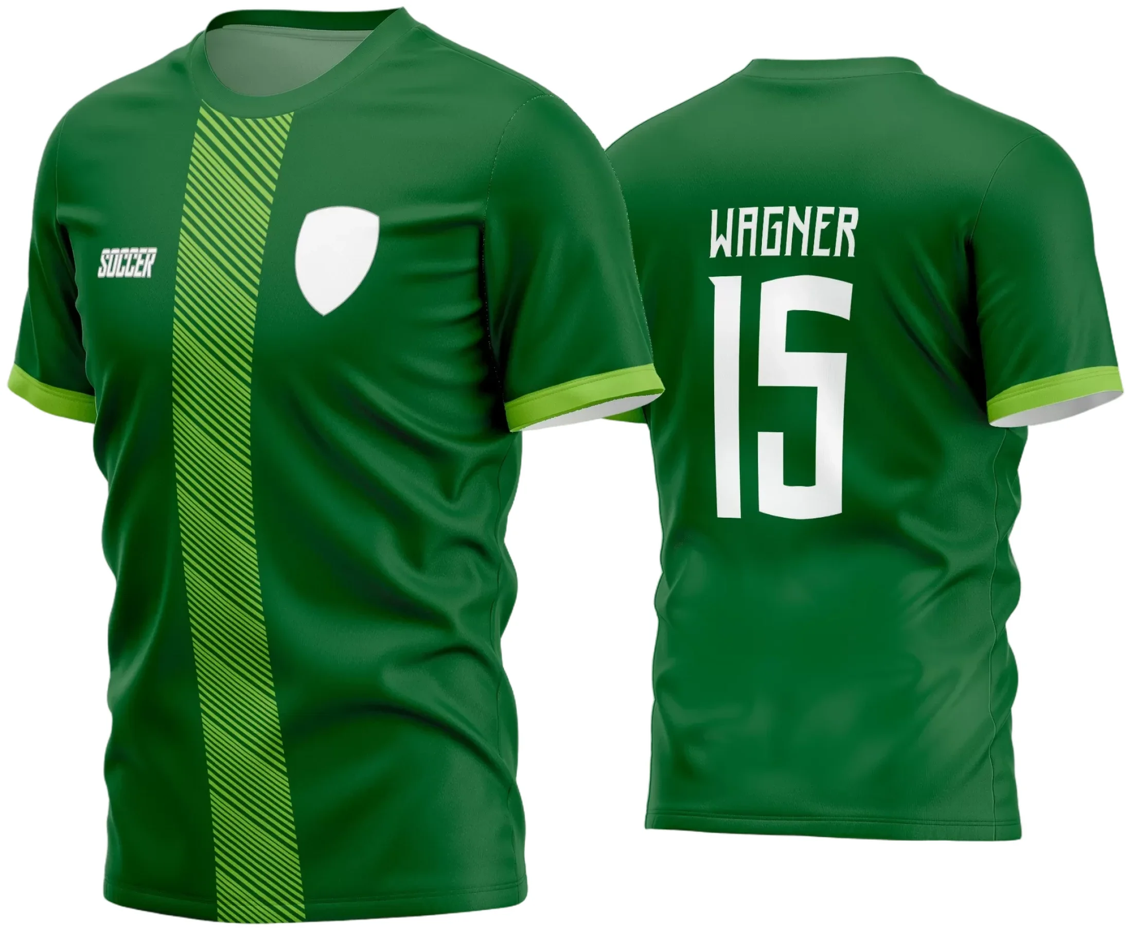 Camisa de futebol amador com logo no peito e estampa grande nas costas, apresentando um design moderno e marcante para jogos e eventos esportivos.