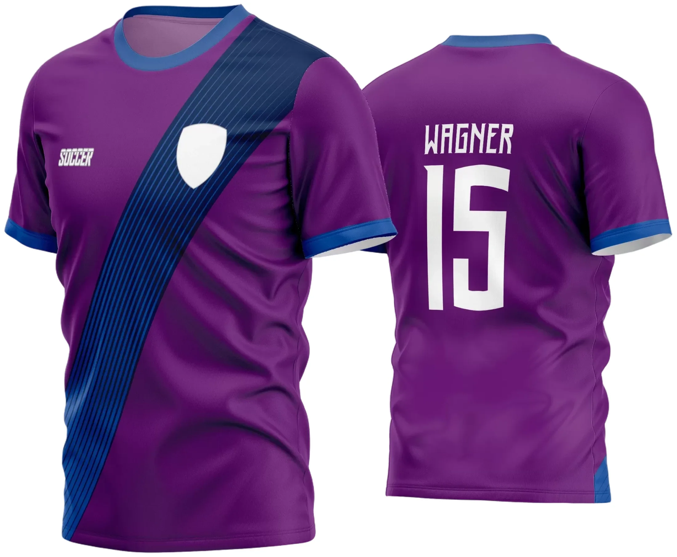 Camisa de futebol amador com logo no peito e estampa grande nas costas, combinando estilo e identidade para o time em campo, com design moderno e cores vibrantes que destacam a equipe.