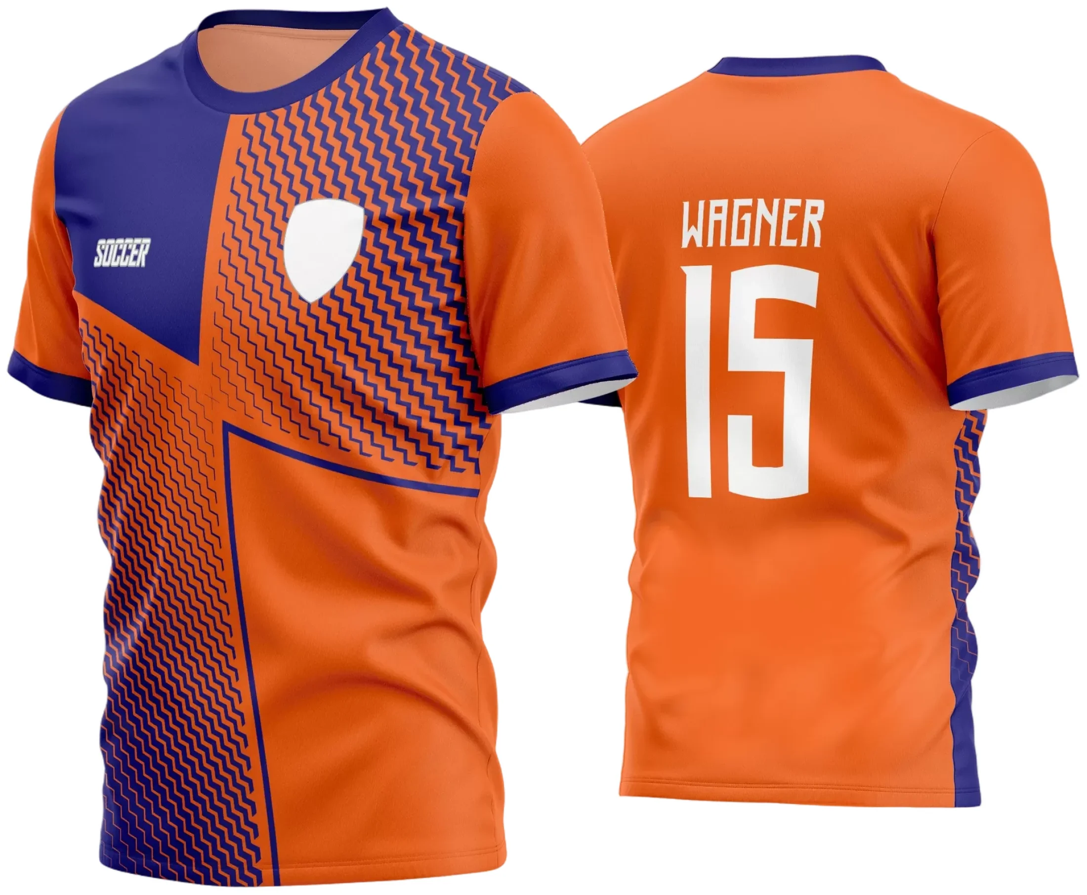 Camisa de futebol amador com logo no peito e estampa grande nas costas, estilo moderno e vibrante, perfeita para times amadores que buscam identidade visual marcante e profissional em campo.