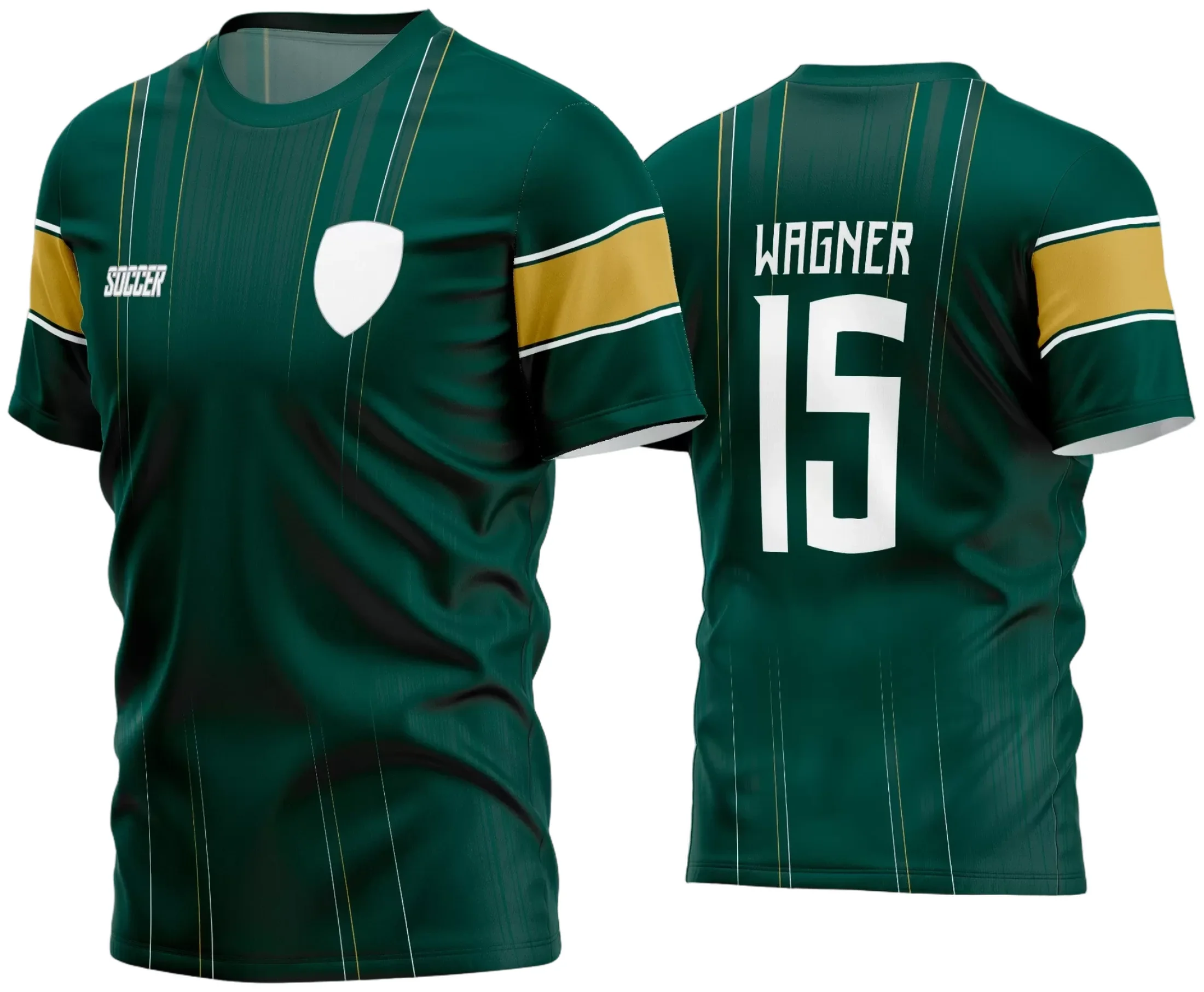 Camisa de futebol amador com logo no peito e estampa grande nas costas, mostrando design moderno e elegante, ideal para times que buscam identidade visual marcante e esportiva.