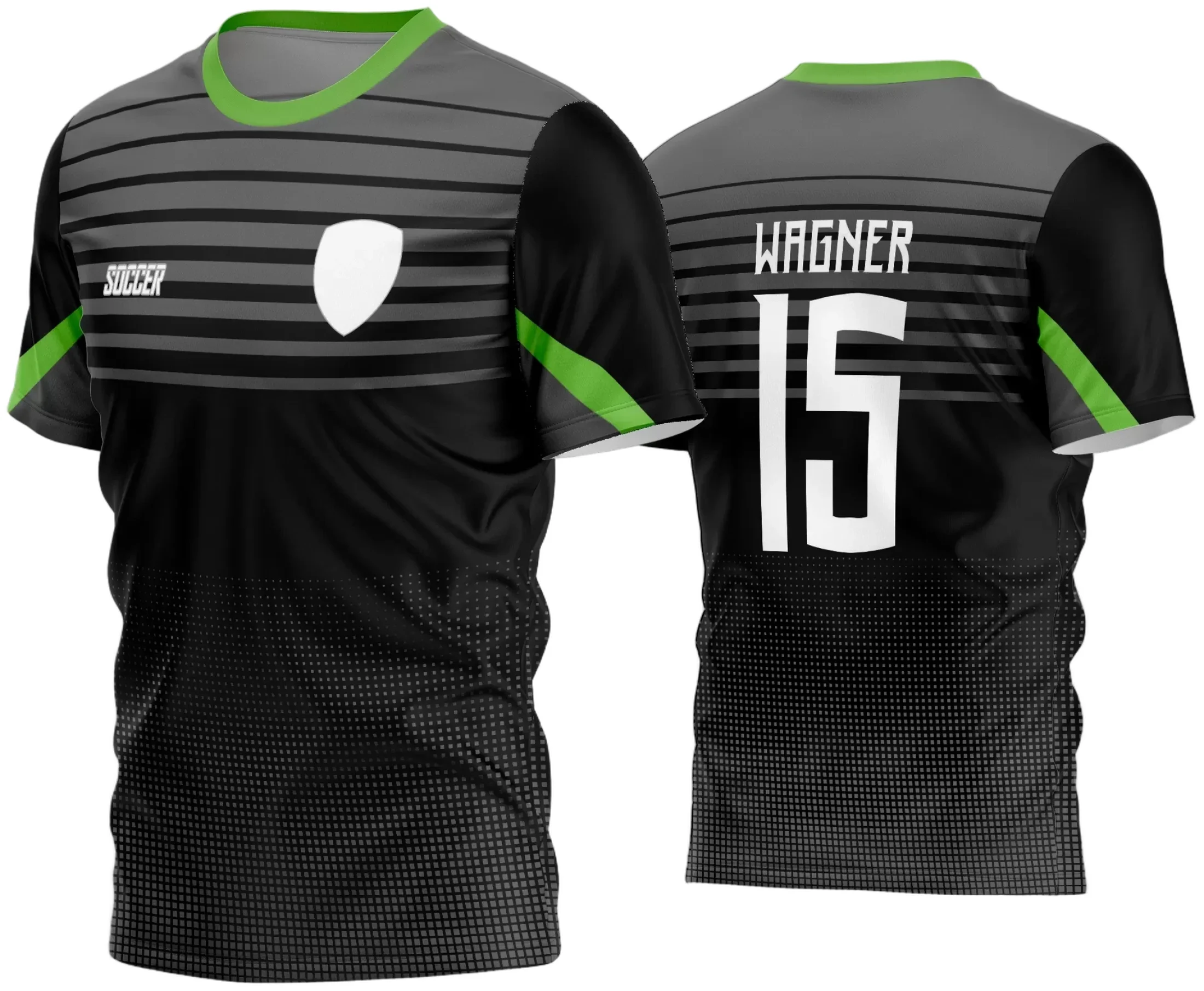 Camisa de futebol amador com logo no peito e estampa grande nas costas em cores vibrantes, perfeita para equipes que buscam estilo e identificação visual nas partidas.