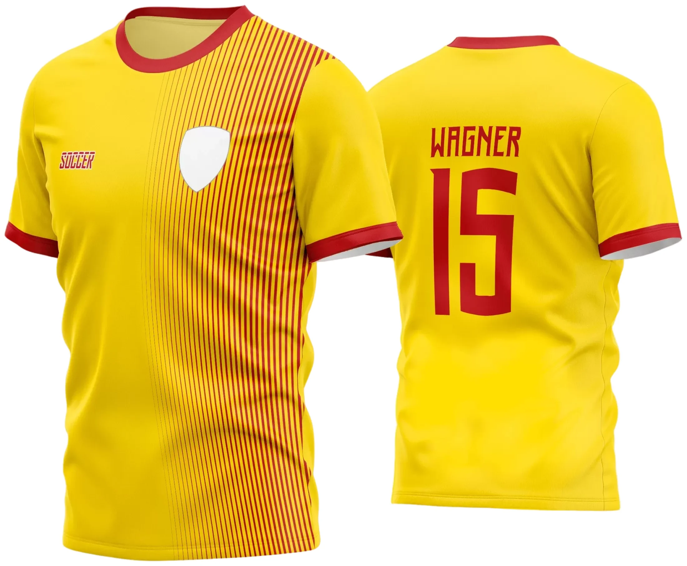 Camisa de futebol amador com logo no peito e estampa grande nas costas, ideal para times que buscam estilo e identidade em campo, combinando tradição e modernidade na mesma peça.