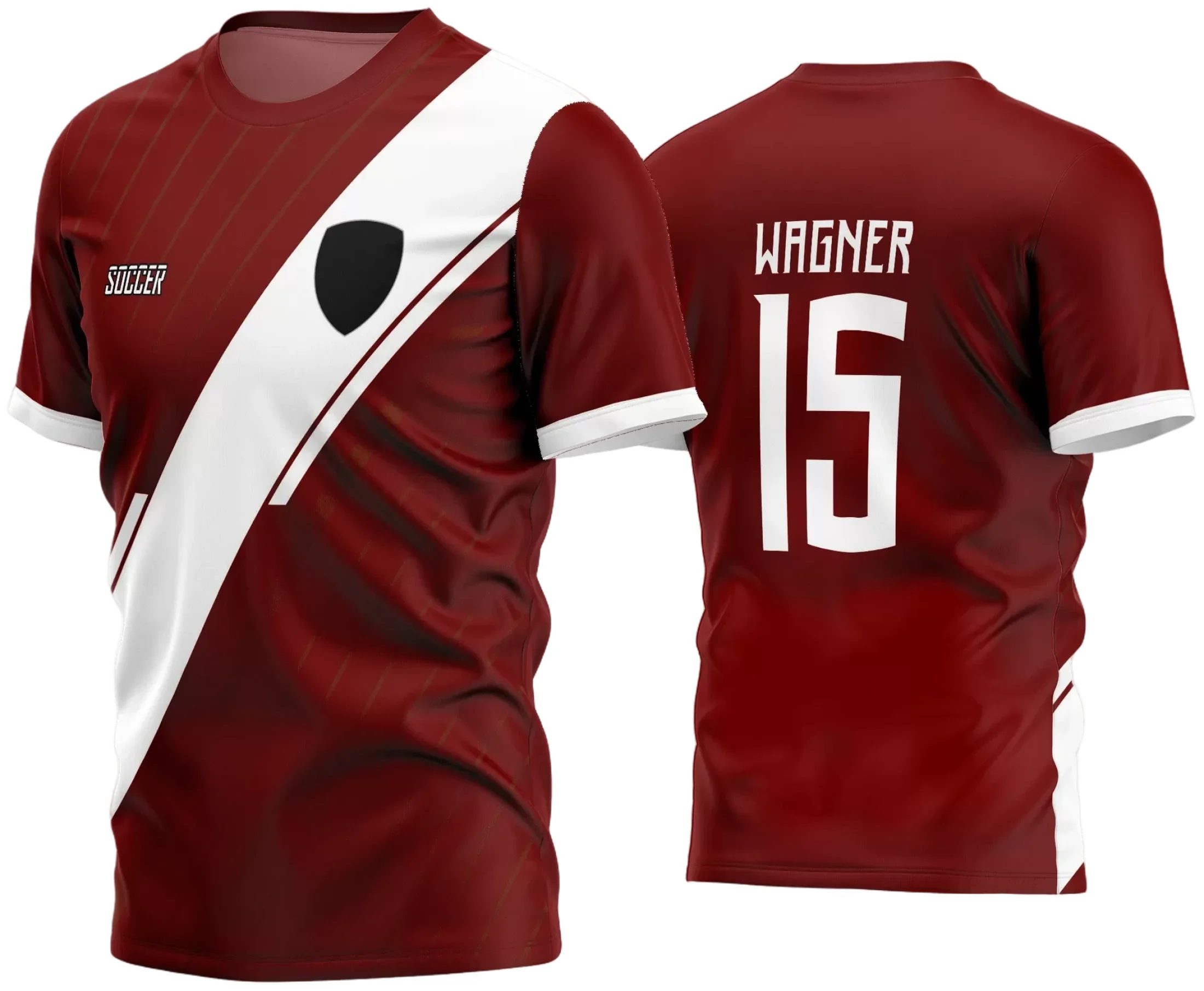 Camisa de futebol com logo no peito bem visível e estampa grande nas costas com detalhes vibrantes, ideal para times amadores que buscam identidade única e destaque nas partidas.