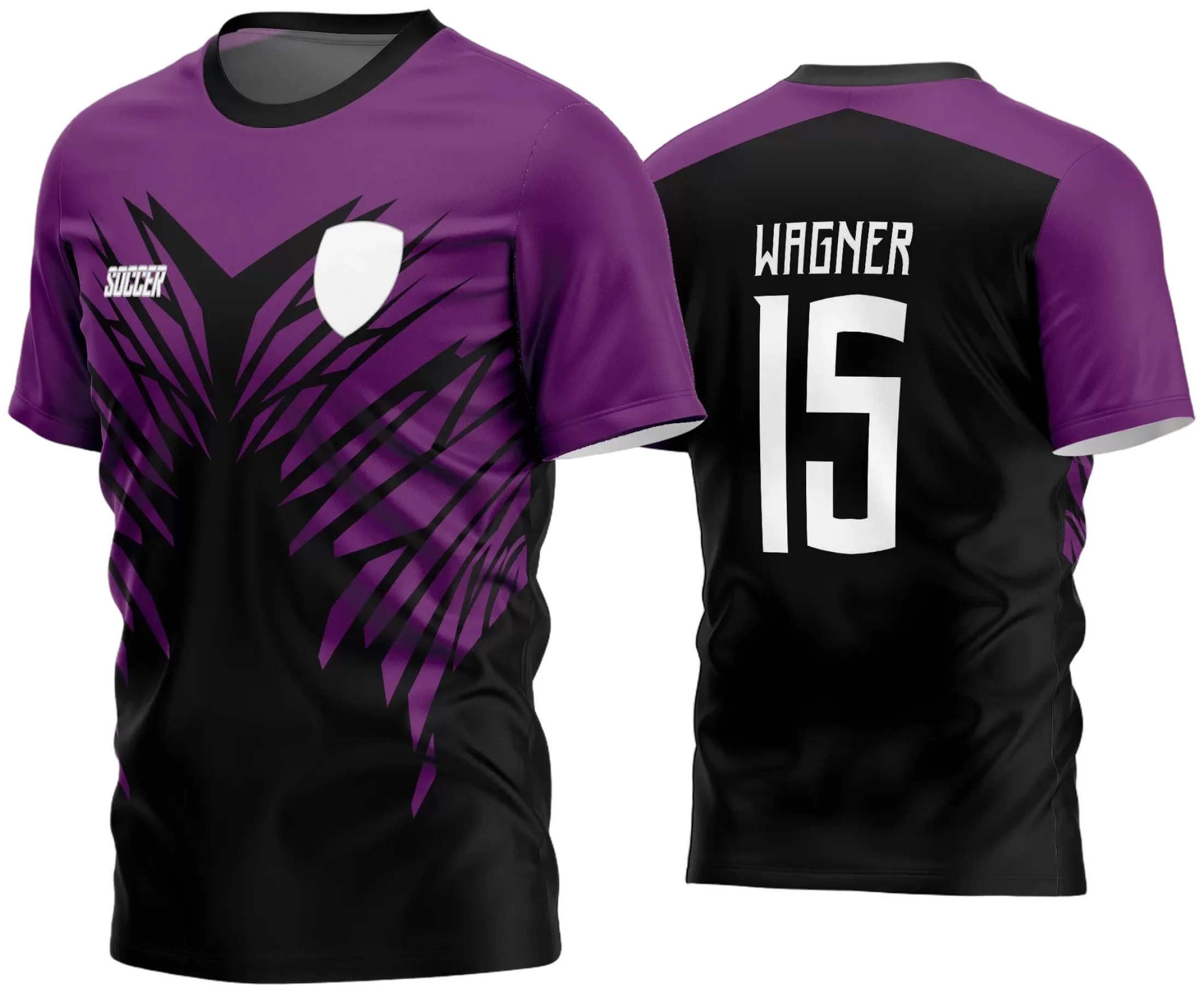 Camisa de futebol amador com logo no peito e estampa grande nas costas, perfeita para destacar seu time em campo com estilo e personalidade.