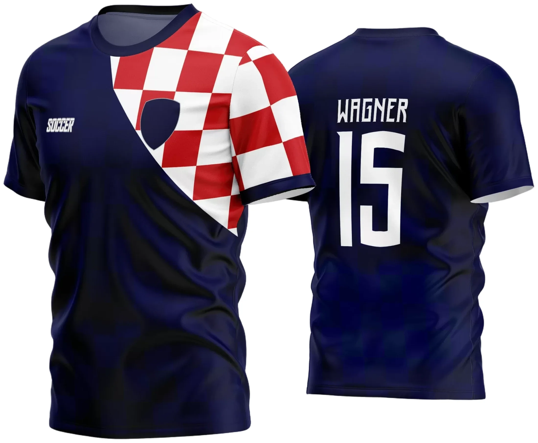 Camisa com logo no peito em destaque e estampa grande nas costas mostrando design moderno e atraente para times amadores de futebol.