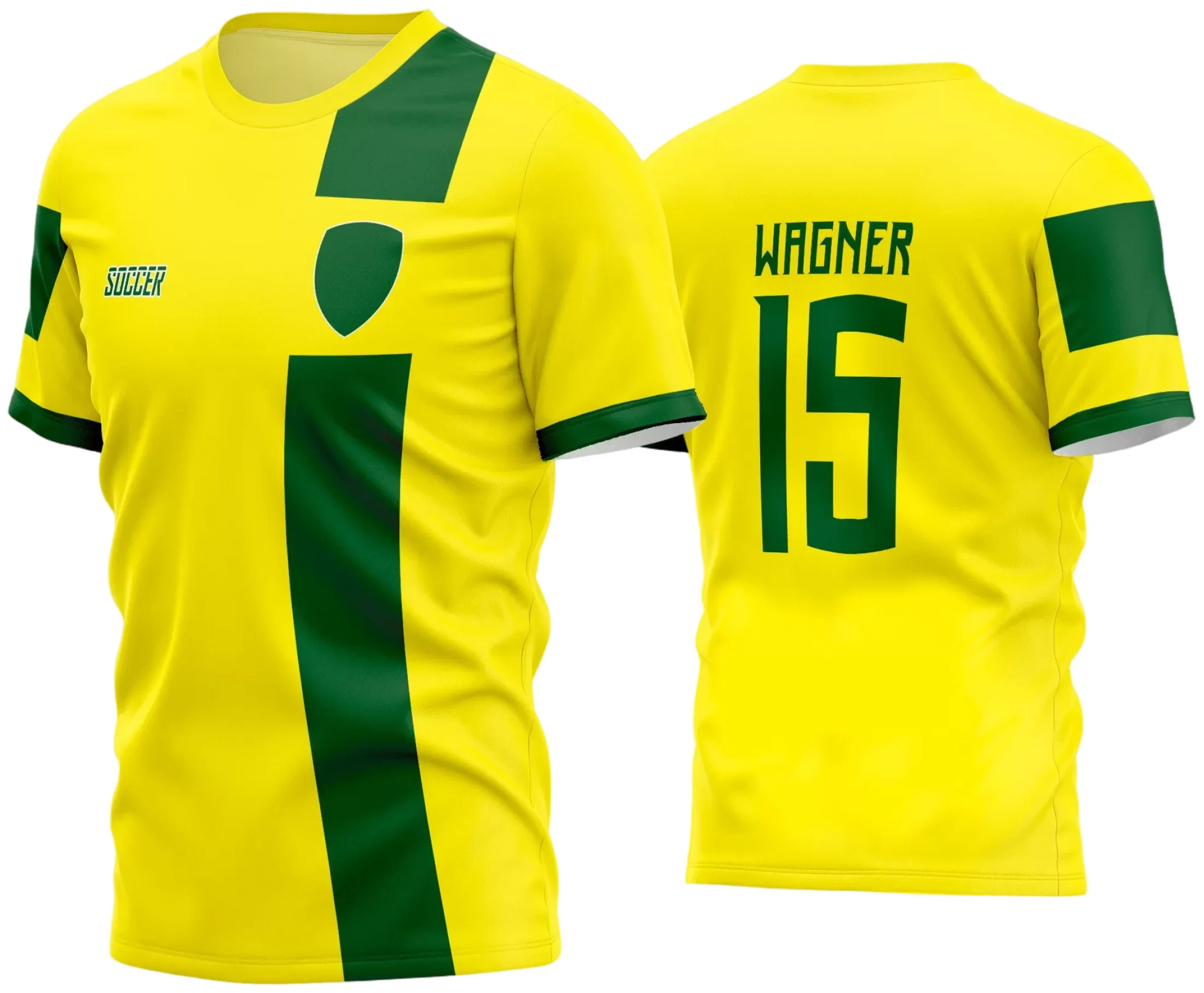 Camisa de futebol amador com logo no peito e estampa grande nas costas, exibindo design vibrante que destaca a paixão pelo jogo em cada detalhe do uniforme.