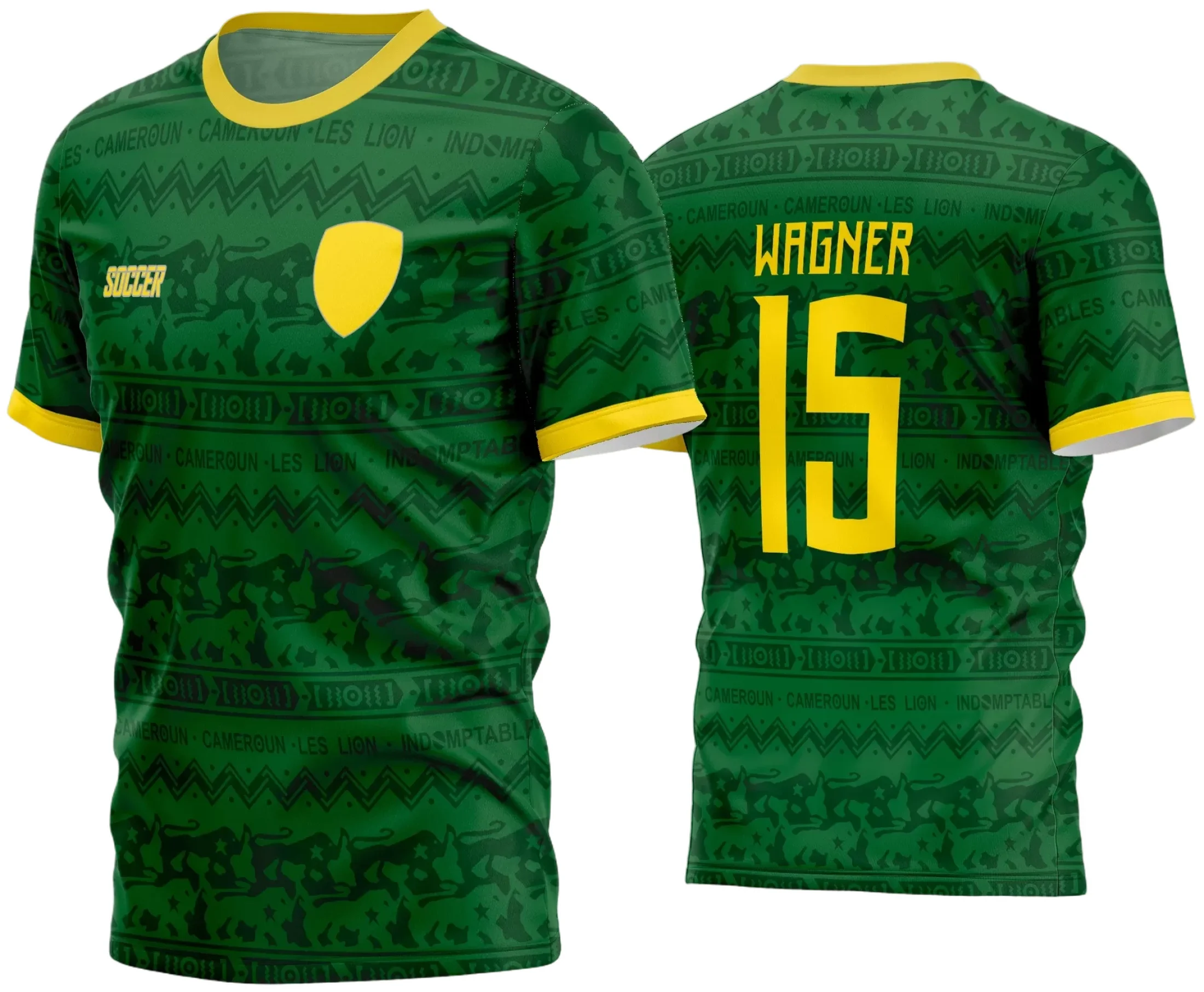 Camisa de futebol amador com logo no peito e estampa grande nas costas, mostrando um design vibrante, ideal para times que querem destaque e personalidade em campo.