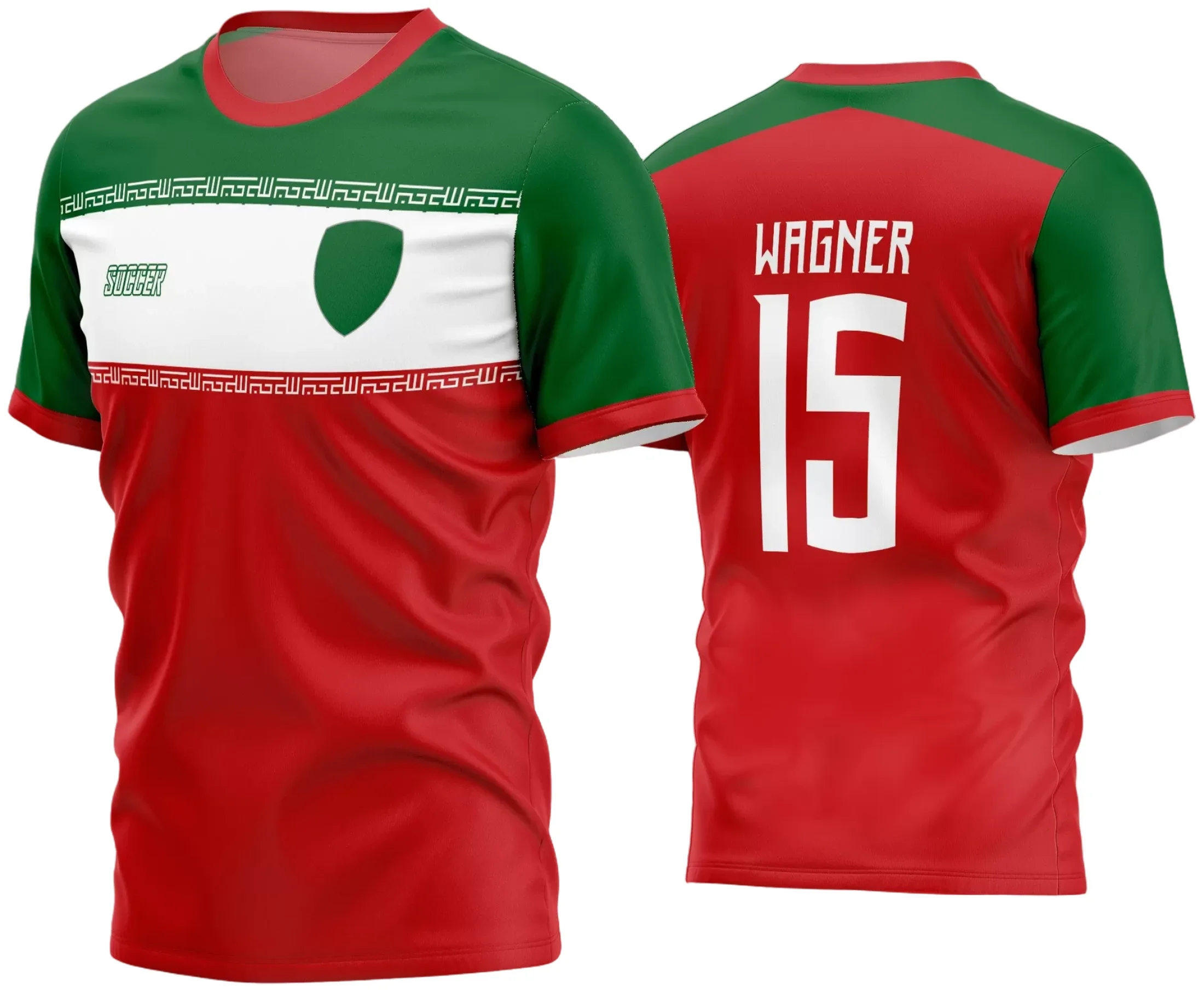 Camisa de time amador de futebol com logo no peito e estampa grande nas costas, mostrando cores vibrantes e design moderno para jogos e treinos