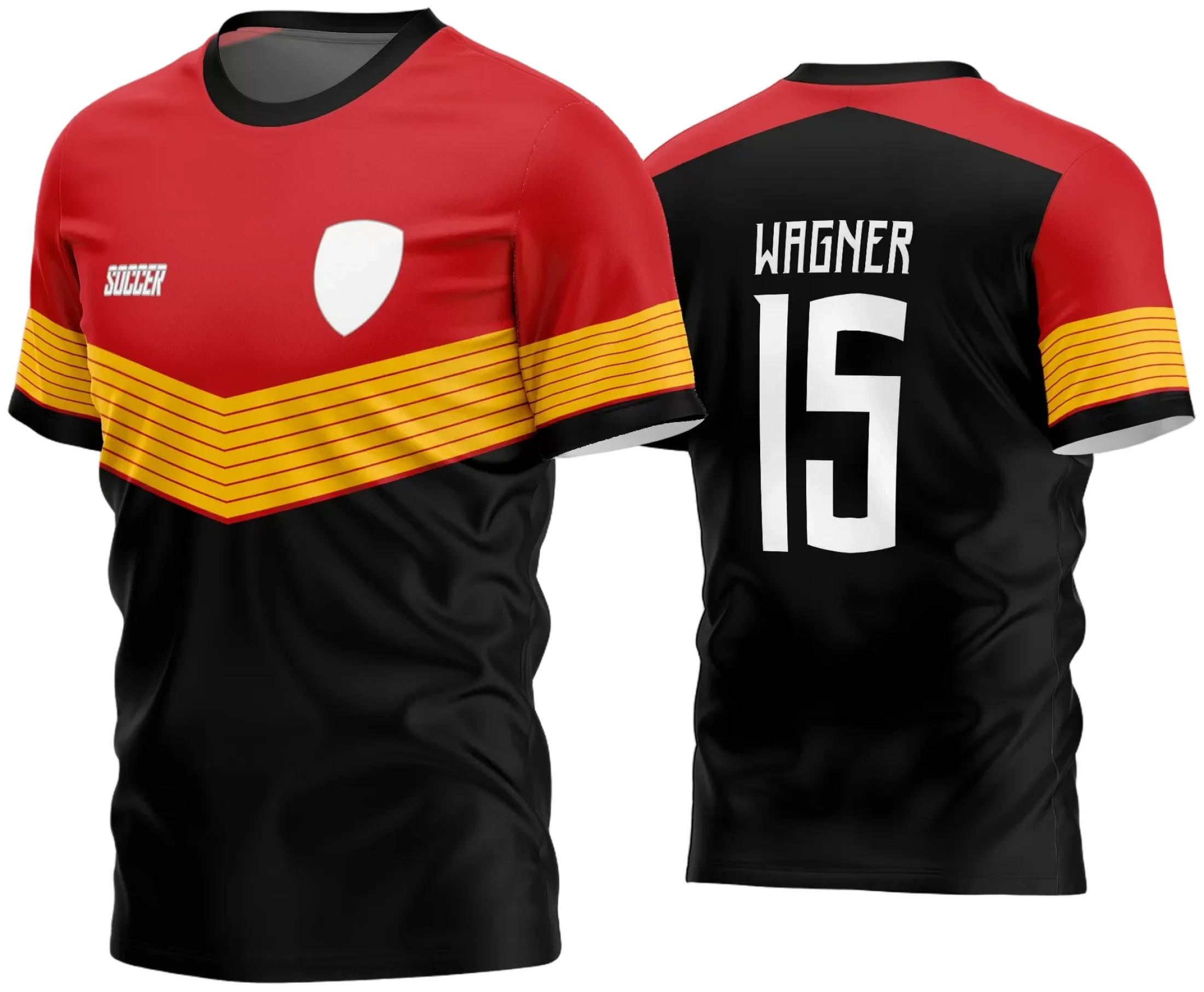 Camisa de futebol amador com logo no peito e estampa grande nas costas, exibindo design moderno e vibrante ideal para equipes que buscam identidade visual marcante.