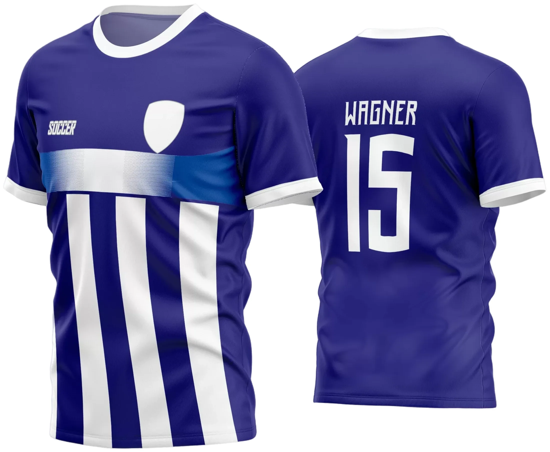 Camisa de time amador de futebol com logo no peito e estampa grande nas costas, apresentando design moderno que combina tradição e estilo para partidas e treinos.