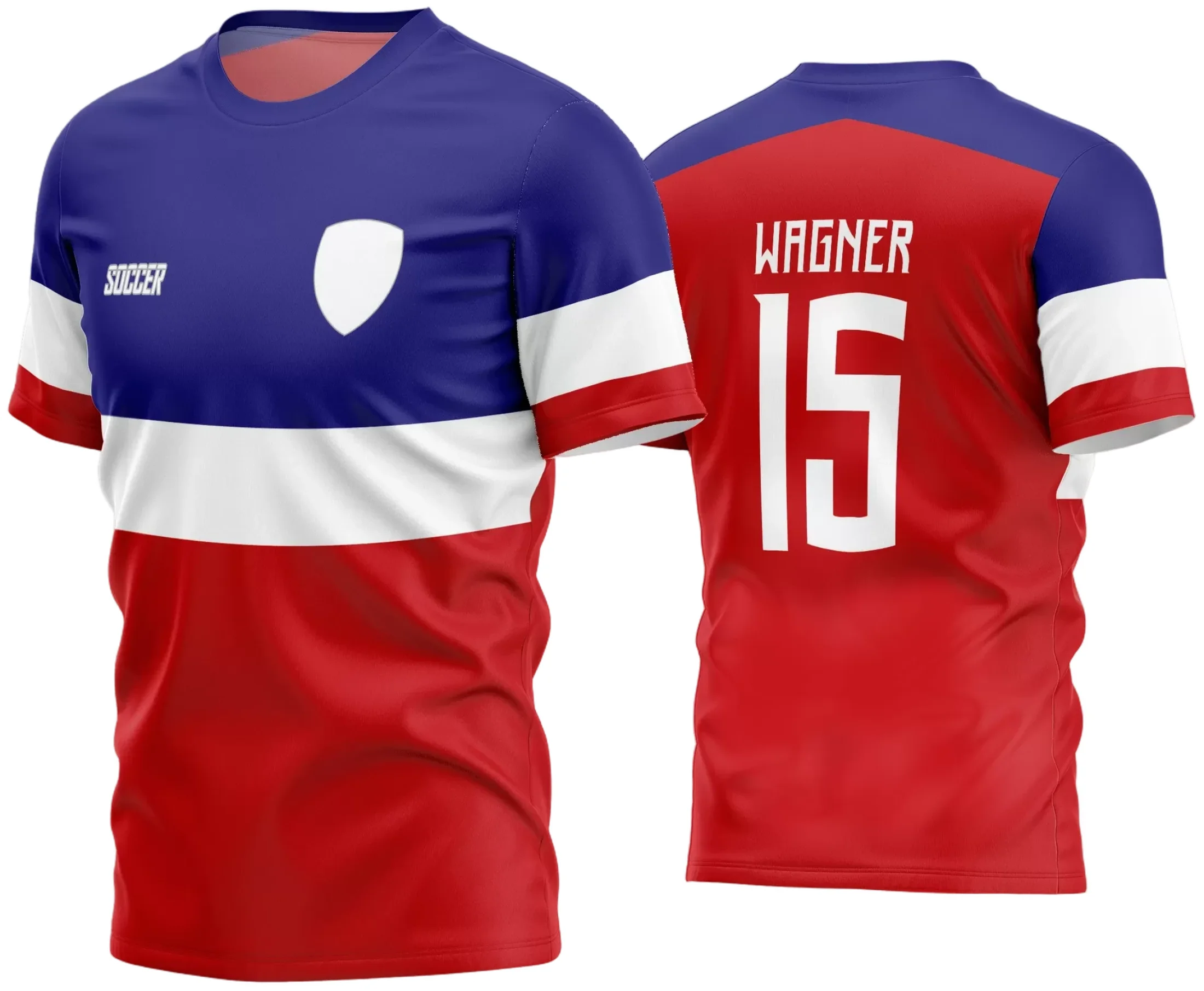 Imagem da camisa personalizada de time de futebol amador, com logo no peito e estampa grande nas costas em cores vibrantes, ideal para destacar o estilo único do grupo nas partidas.