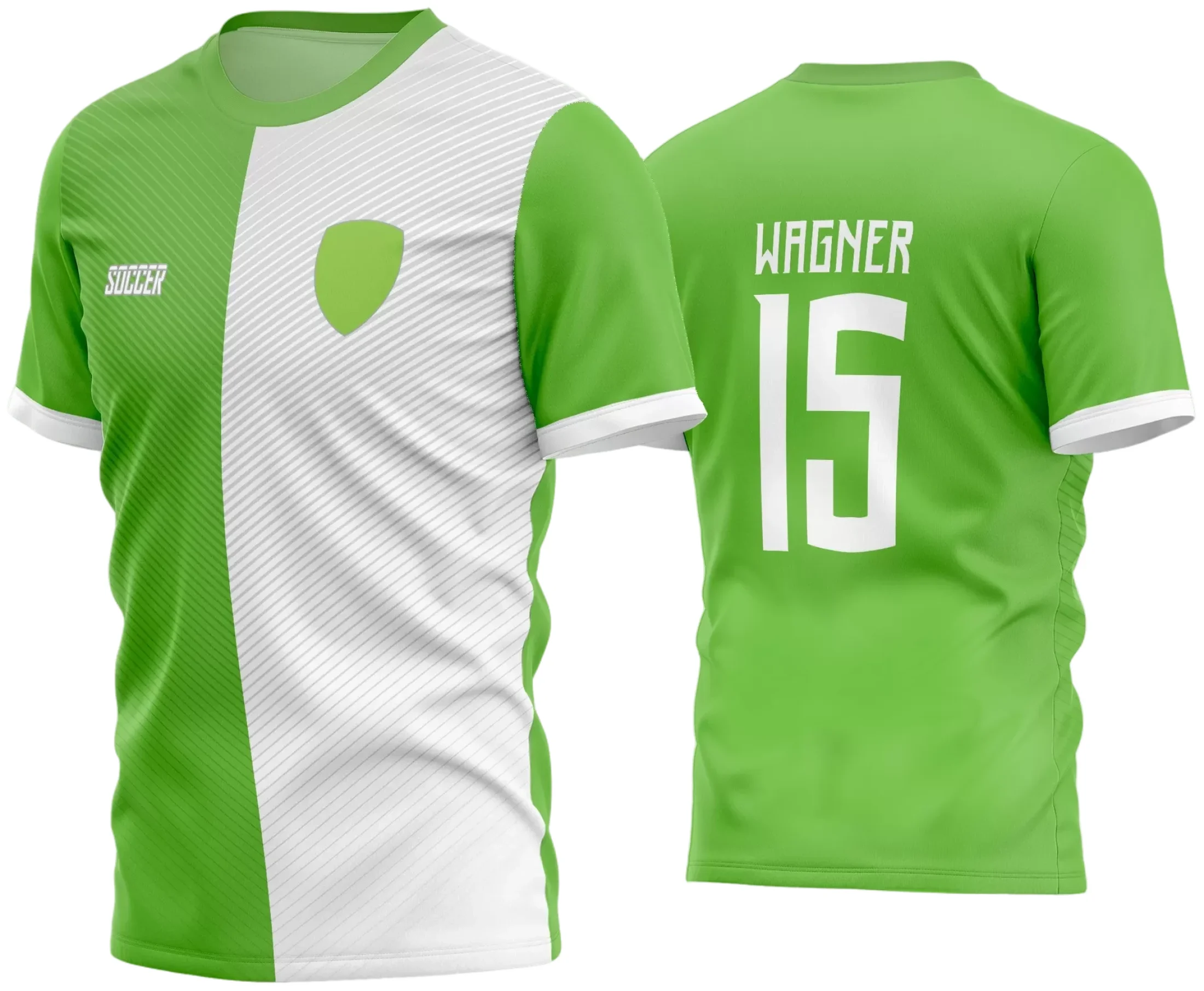 Camisa de futebol amador com logo no peito e estampa grande nas costas em design moderno e vibrante, ideal para times que buscam estilo e identidade visual marcante na temporada 2024.