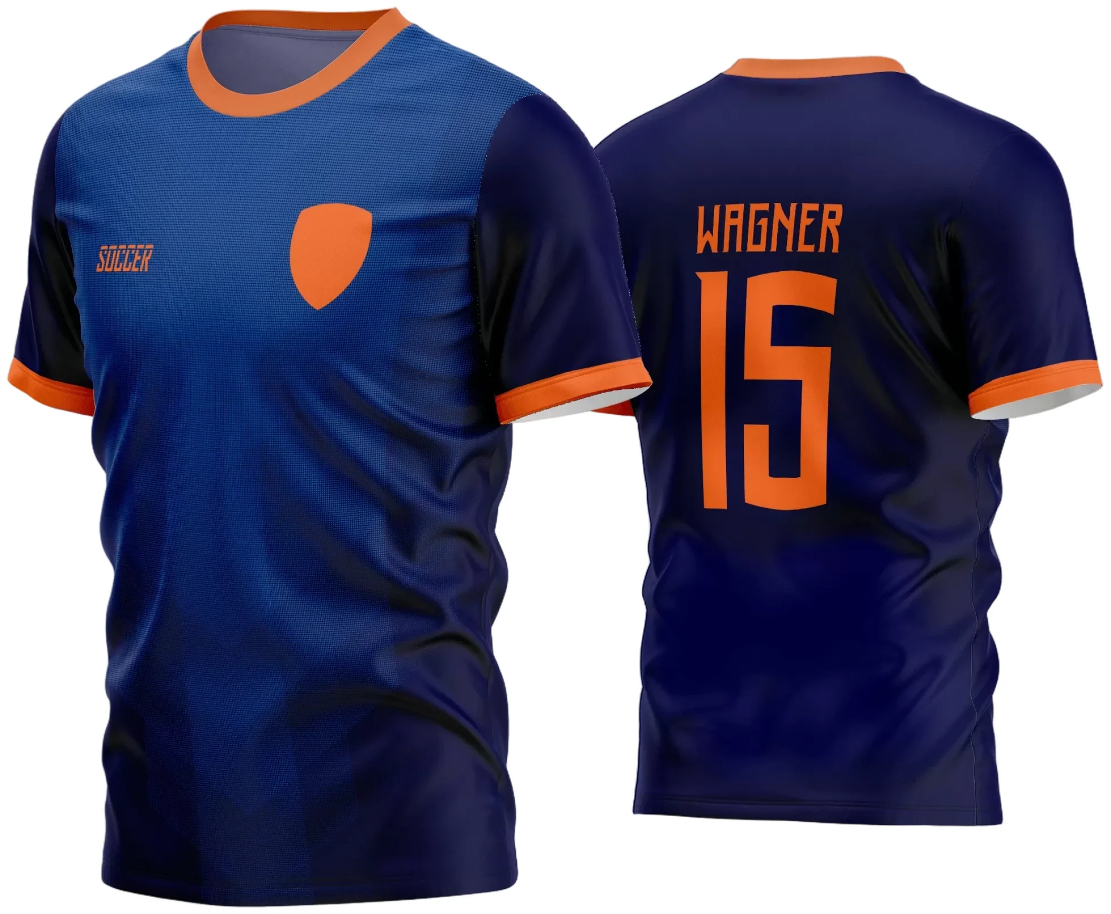 Camisa de futebol amador com logo no peito e estampa grande nas costas, apresentando design moderno e vibrante, perfeita para time esportivo amador em partidas e treinamentos.