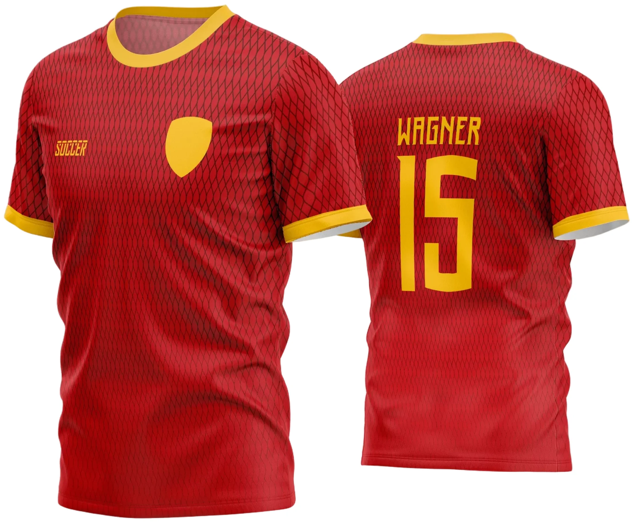 Camisa de futebol amador com logo no peito e estampa grande nas costas, em cores vibrantes que destacam o design moderno para times que buscam identidade própria nas partidas.