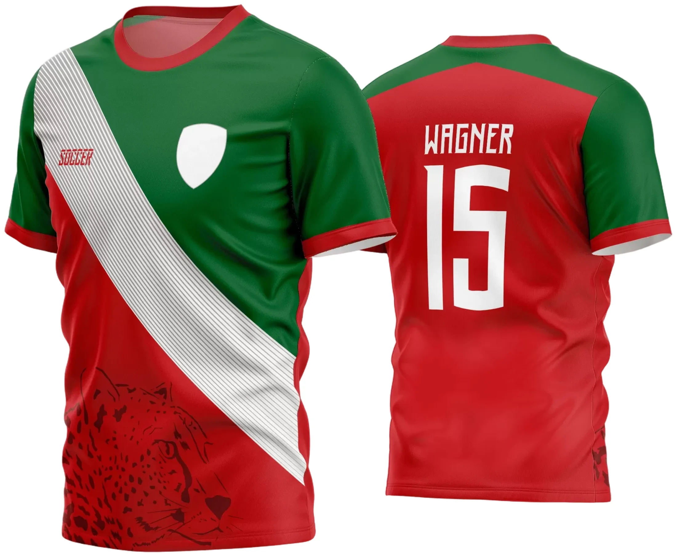 Camisa de futebol amador com logo no peito e estampa grande nas costas, exibindo design moderno e detalhes vibrantes em cores fortes que destacam a identidade do time de forma clara e imponente.