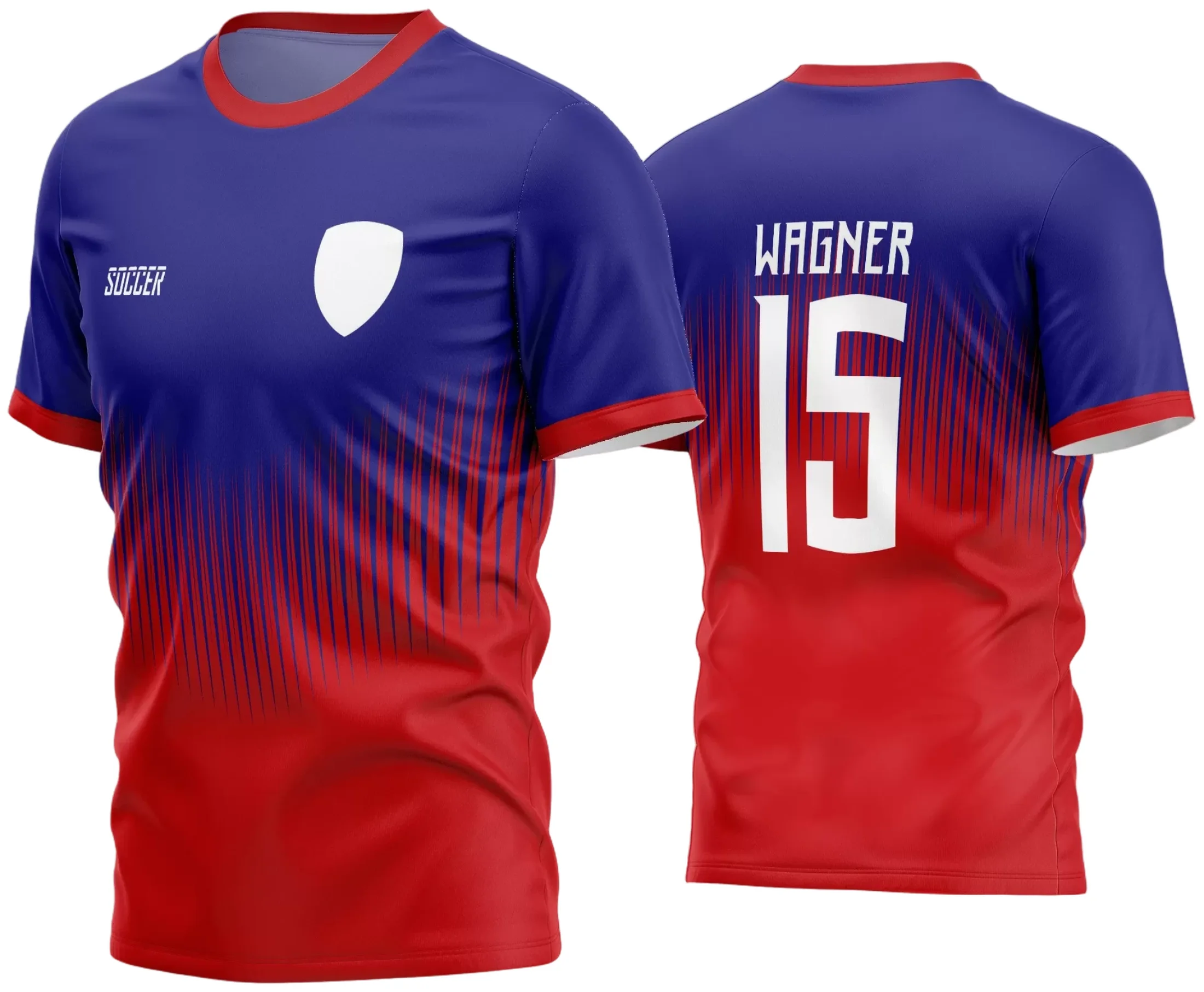 Camisa de futebol amador com logo no peito e estampa grande nas costas, exibindo um design moderno e vibrante, perfeita para equipes que buscam estilo e identidade visual única em campo.