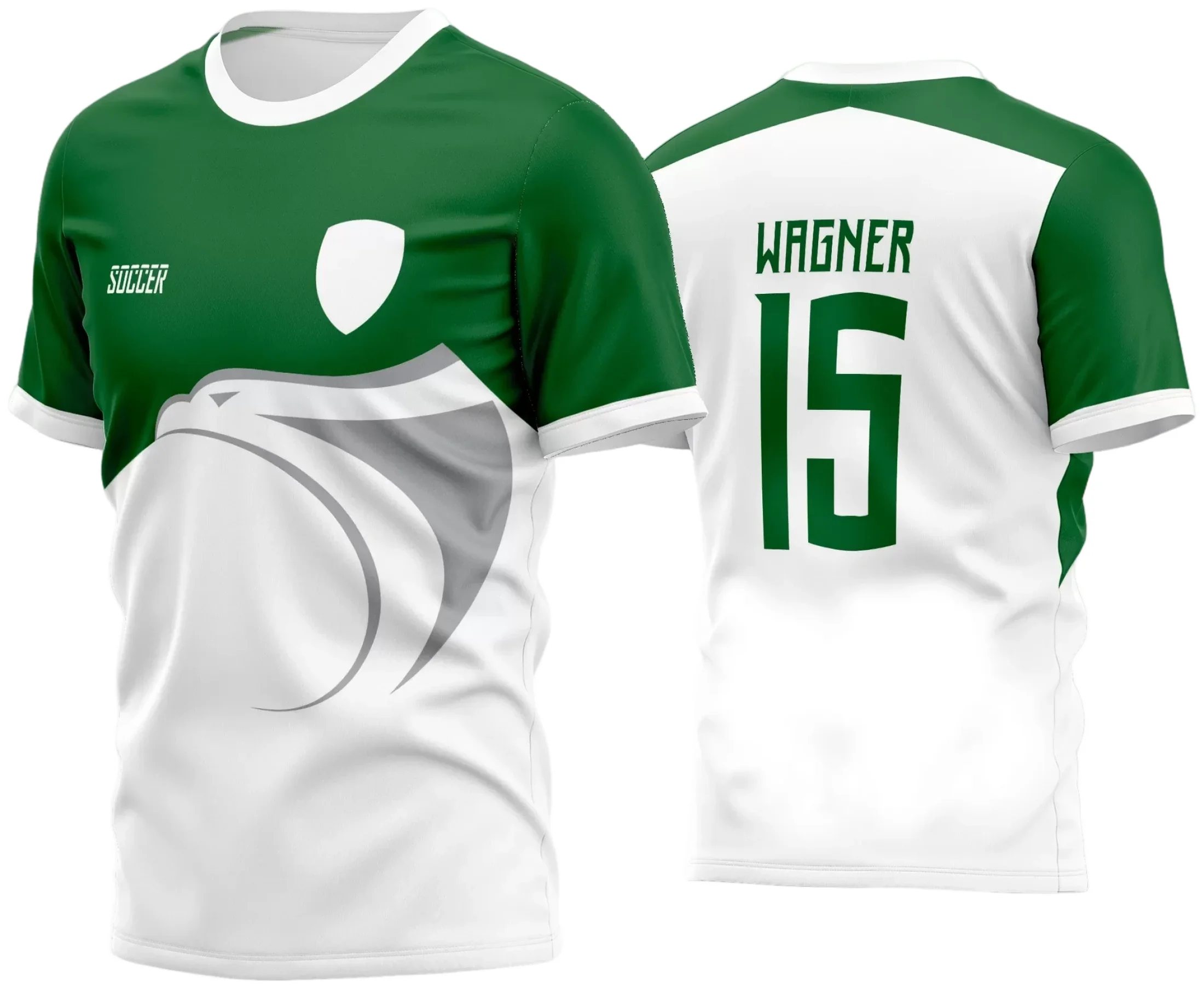 Camisa de futebol amador com logo no peito e estampa grande nas costas, em cores vibrantes, ideal para uniformizar seu time com estilo e personalidade. Detalhes que destacam a identidade do time na camisa finalizada.