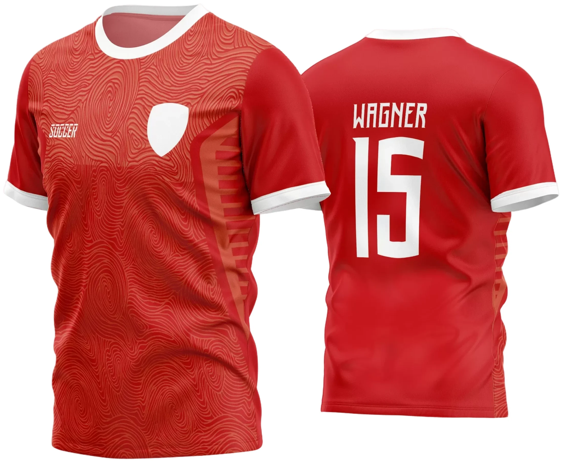 Camisa finalizada de futebol amador com logo no peito e estampa grande nas costas, desenhada para destacar a identidade do time com visual moderno e detalhes vibrantes que imprimem energia e união.