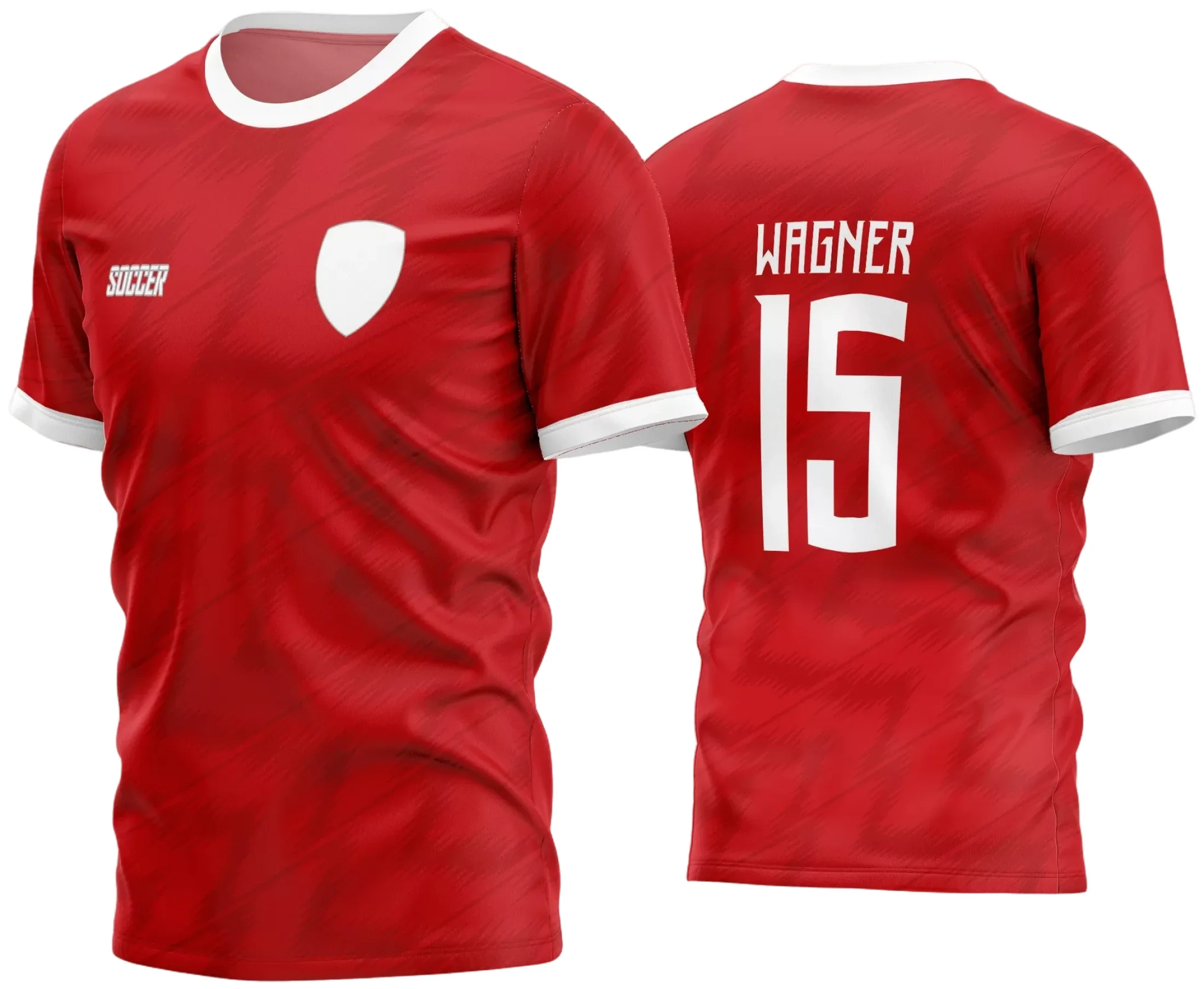 Camisa de futebol amador com logo no peito e estampa grande nas costas, ideal para times que buscam um visual uniforme e moderno em campo.