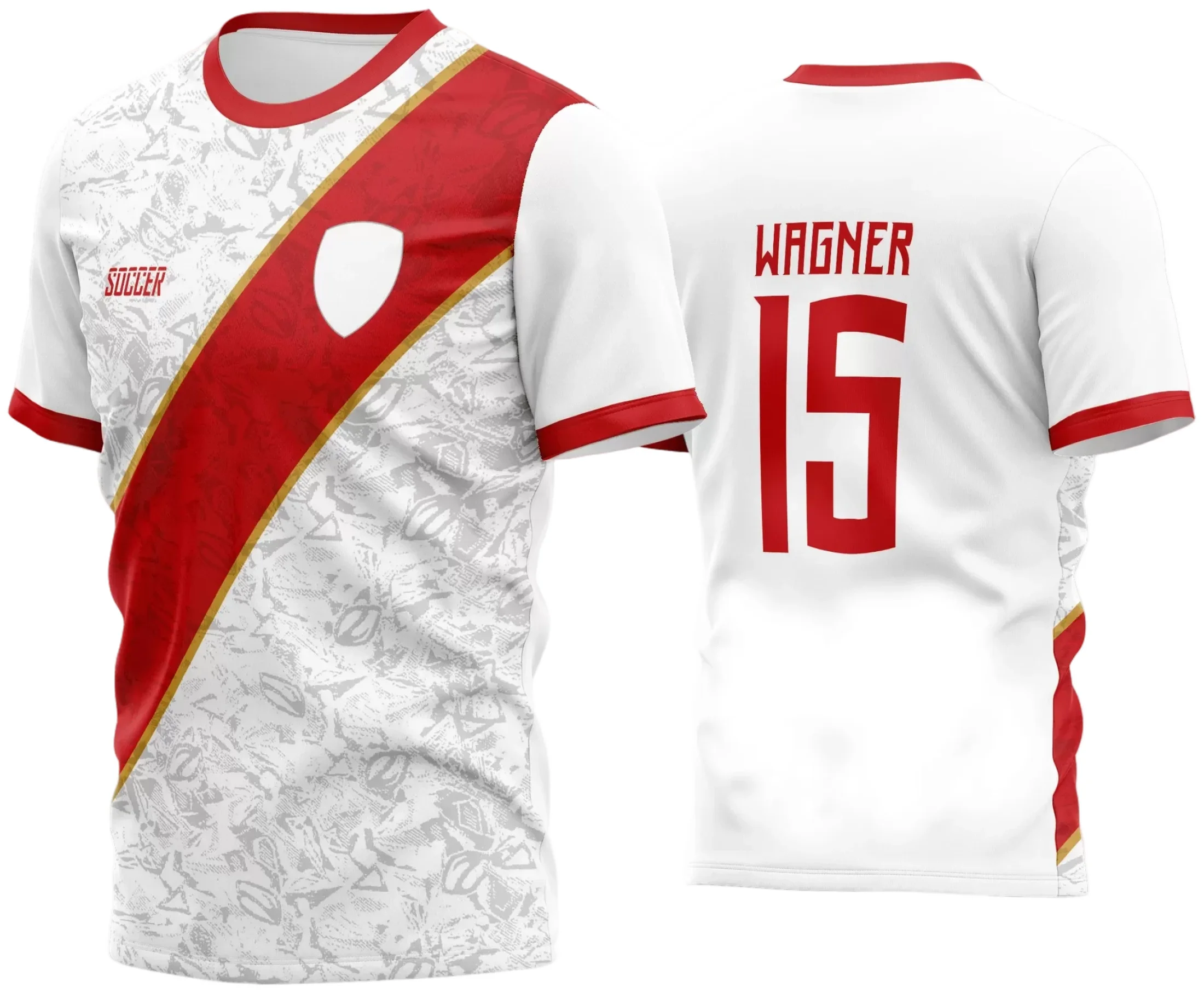 Camisa de time amador com logo no peito e estampa grande nas costas exibida em fundo branco, destacando as cores vibrantes e design moderno para jogos de futebol.