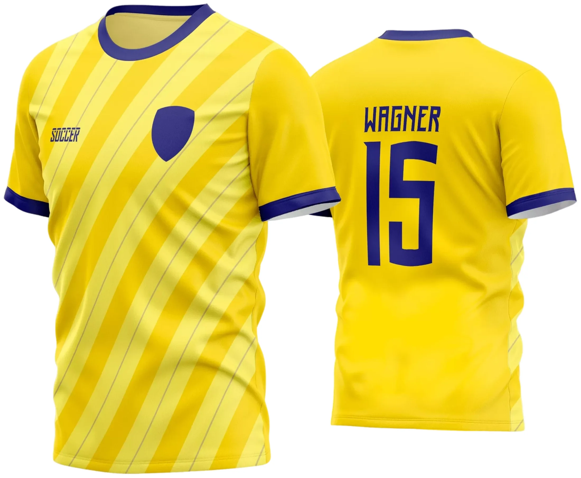 Camisa esportiva com logo no peito e estampa grande nas costas, exibindo design exclusivo para times amadores de futebol em 2024, combinando estilo e identidade em uma peça única e moderna.