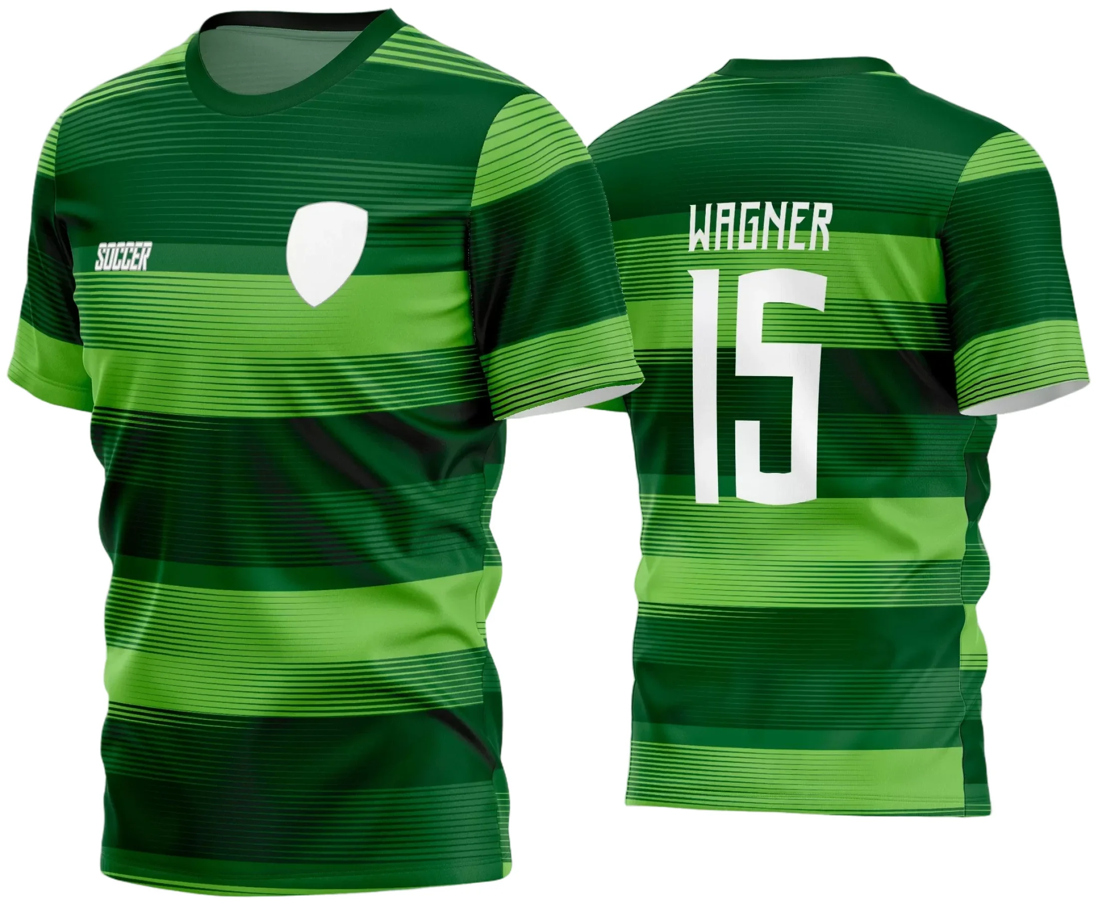 Imagem da camisa de futebol amador com logo no peito e estampa grande nas costas, apresentando cores vibrantes e design moderno que evidencia o espírito esportivo do time.