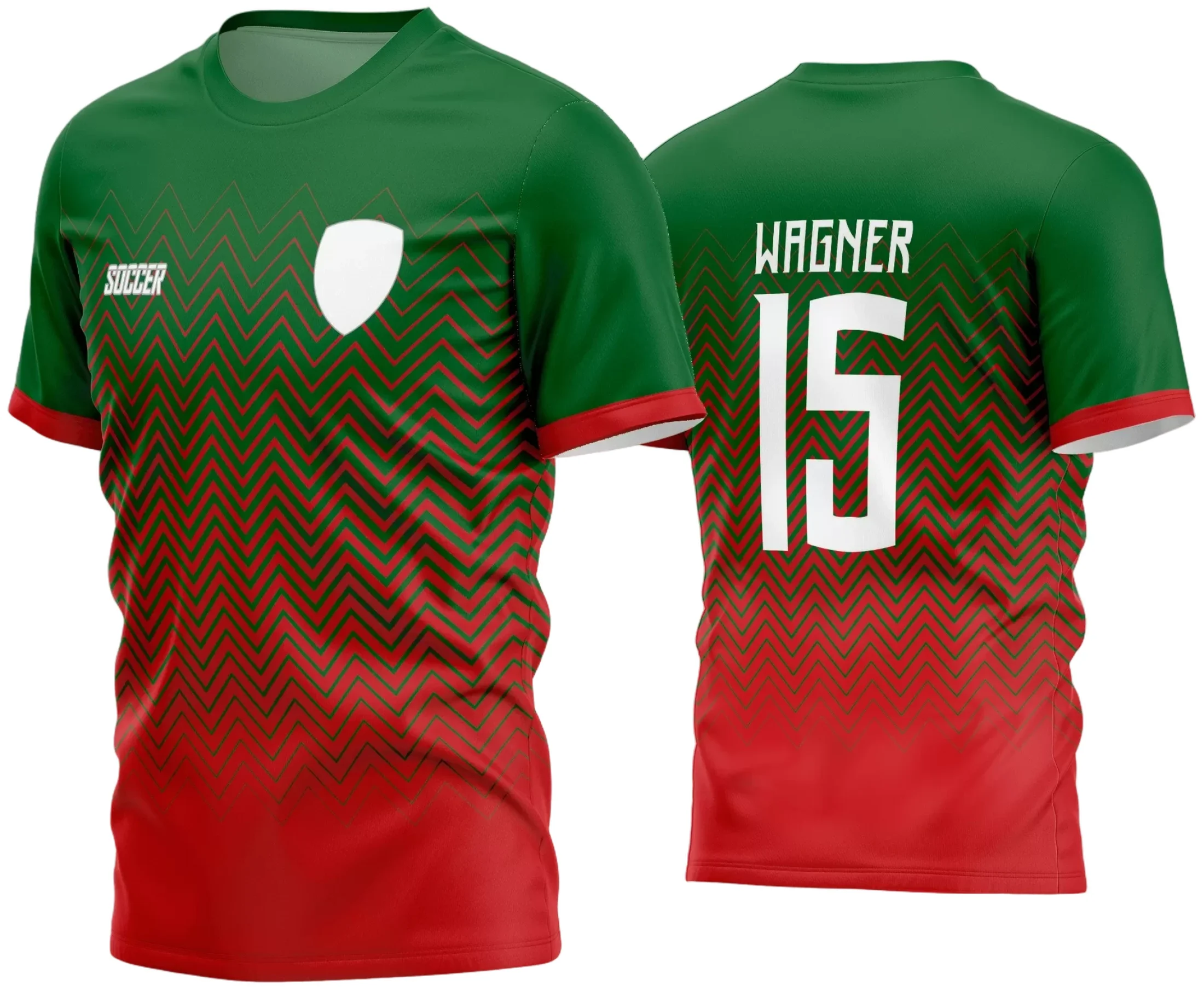 Camisa de futebol amador com logo no peito e estampa grande nas costas, exibindo design moderno e cores vibrantes que destacam o espírito do time em campo.