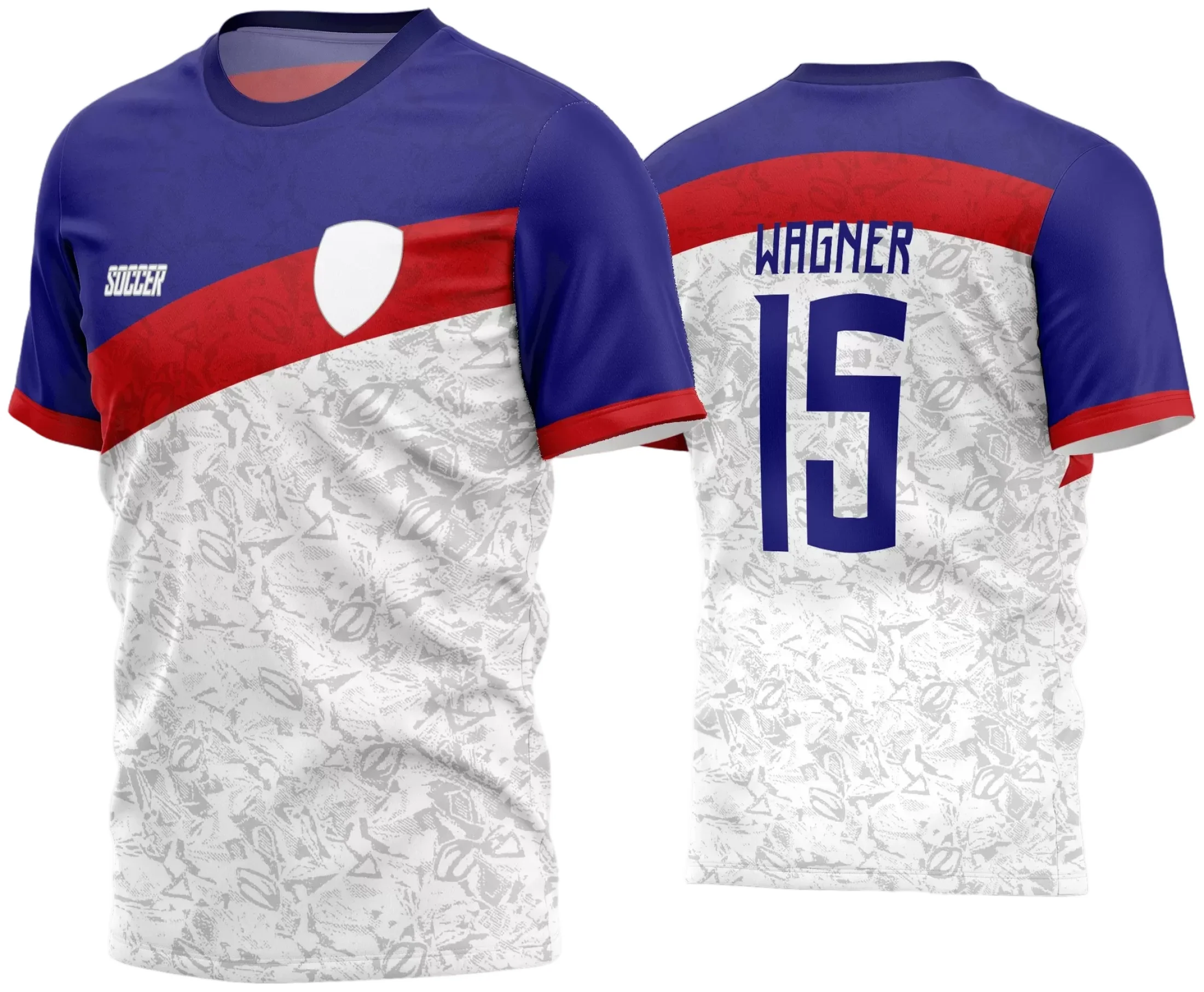 Camisa de futebol amador com logo no peito e estampa grande nas costas, cores vibrantes e design moderno que destaca o espírito do time com estilo e personalidade para campo e torcida.