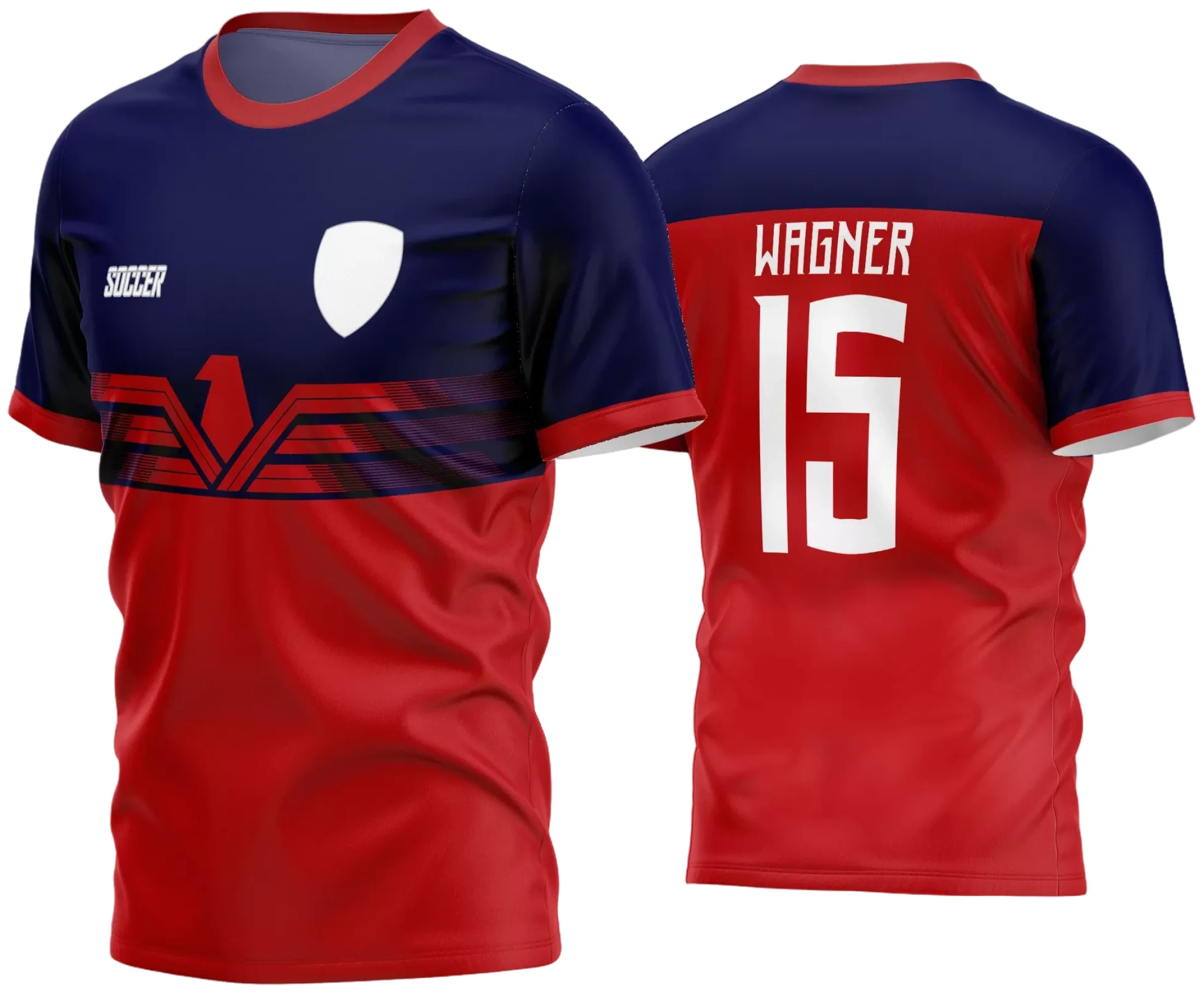 Imagem mostrando camisa de futebol amador com logo no peito e estampa grande nas costas, destacando design moderno e cores vibrantes, ideal para times amadores que buscam identidade visual marcante.