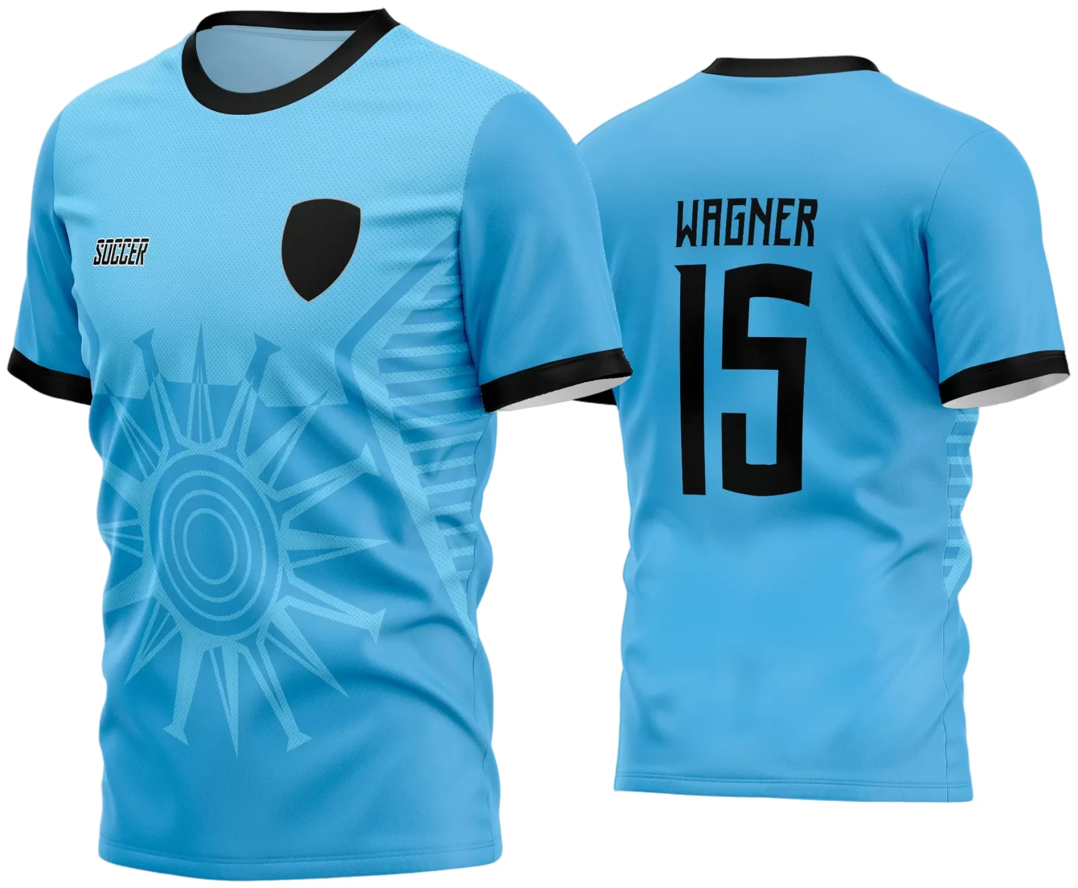 Camisa de futebol amador com logo no peito e estampa grande nas costas, mostrando design moderno e cores vibrantes ideal para times que buscam estilo e personalidade nas partidas.