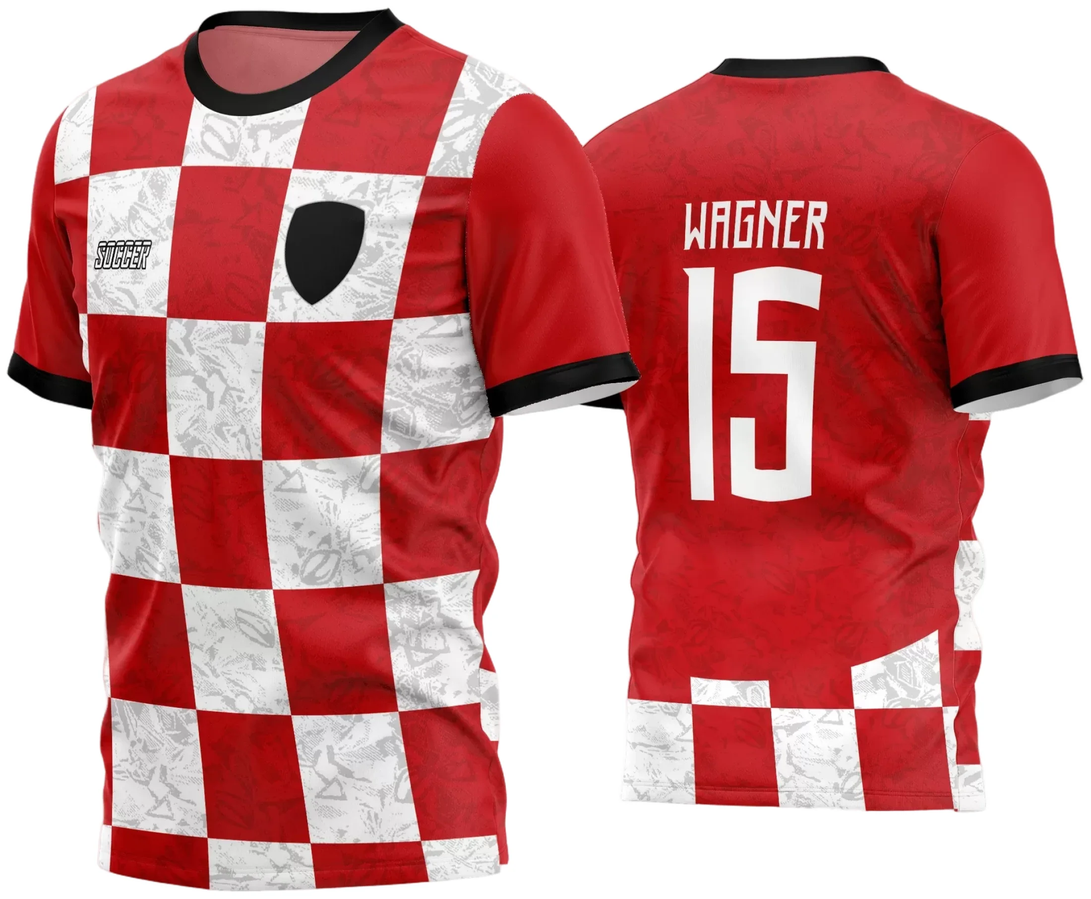 Camisa de futebol amador com logo no peito e estampa grande nas costas, em design moderno e cores vibrantes que destacam a equipe no campo com visual único e profissional