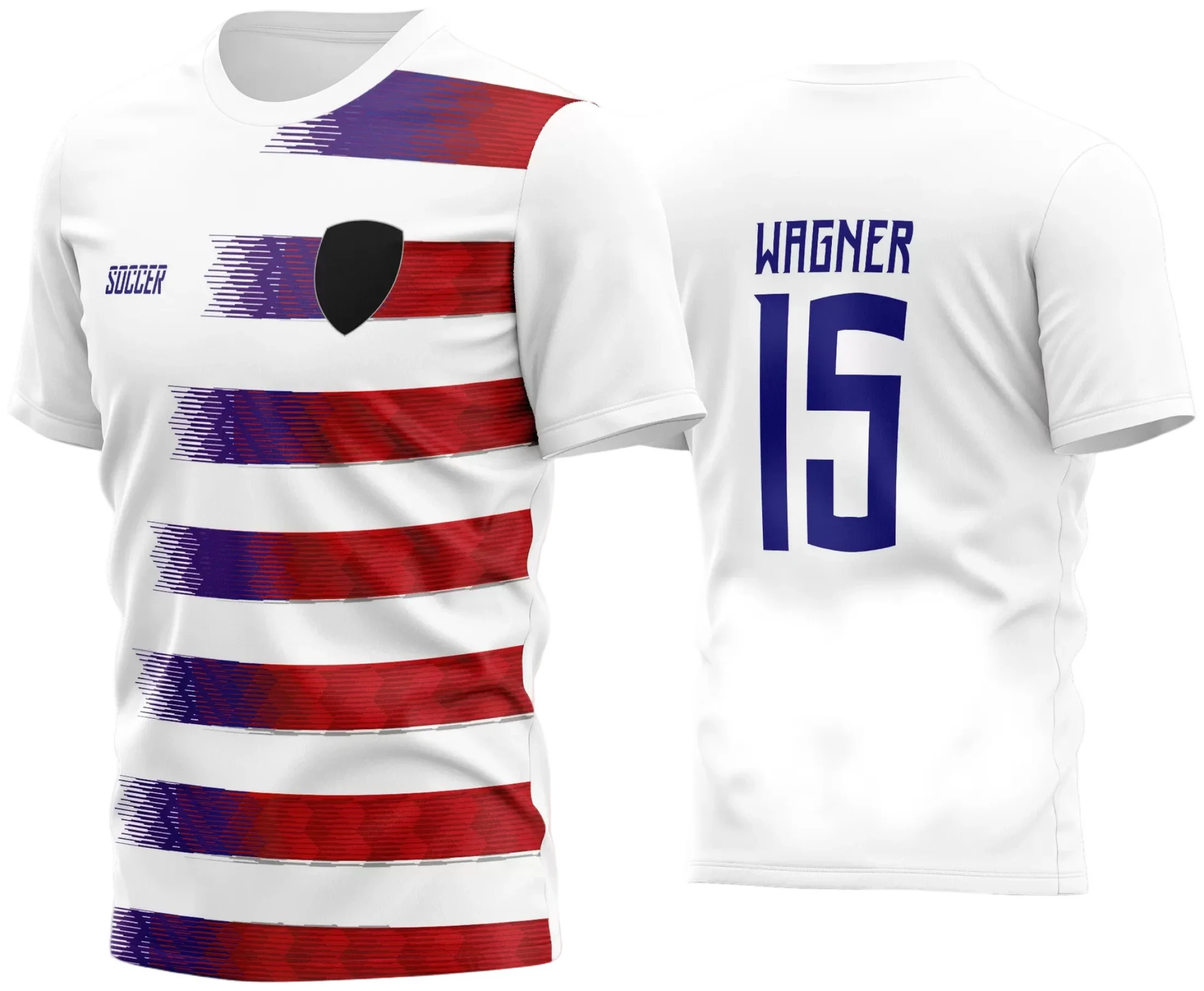 Camisa de time amador de futebol com logo no peito e estampa grande nas costas em design moderno e vibrante para 2024, destacando cores fortes e detalhes únicos.